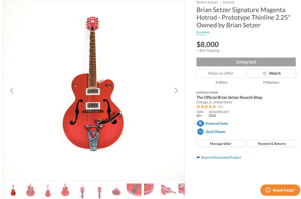 2018 Gretsch Brian Setzer Signature Hot Rod Magenta Prototype Thinline 2.25" (Owned by Brian Setzer)