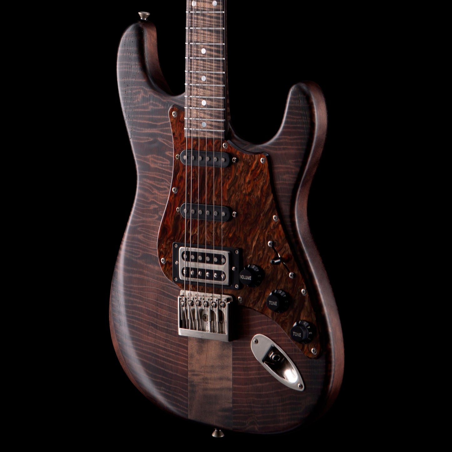 Lucem ST Deluxe Trans Black w/Flamed Giant Redwood Body & Bare Knuckle Irish Tour/Stormy Monday Set