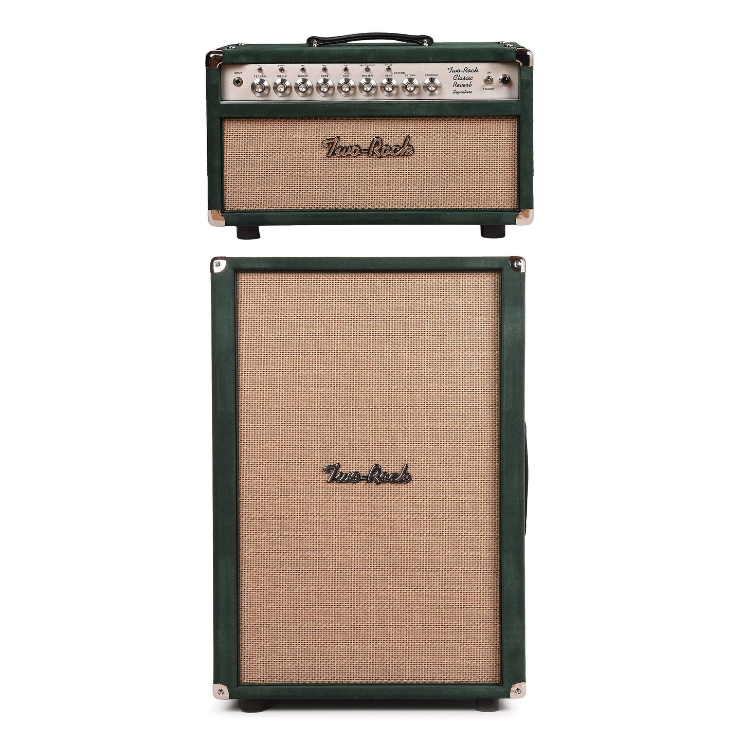 Two Rock Classic Reverb Signature 100w Head and 2x12 Vertical Cabinet Forest Green Suede w/ Cane Grill Cloth Bundle