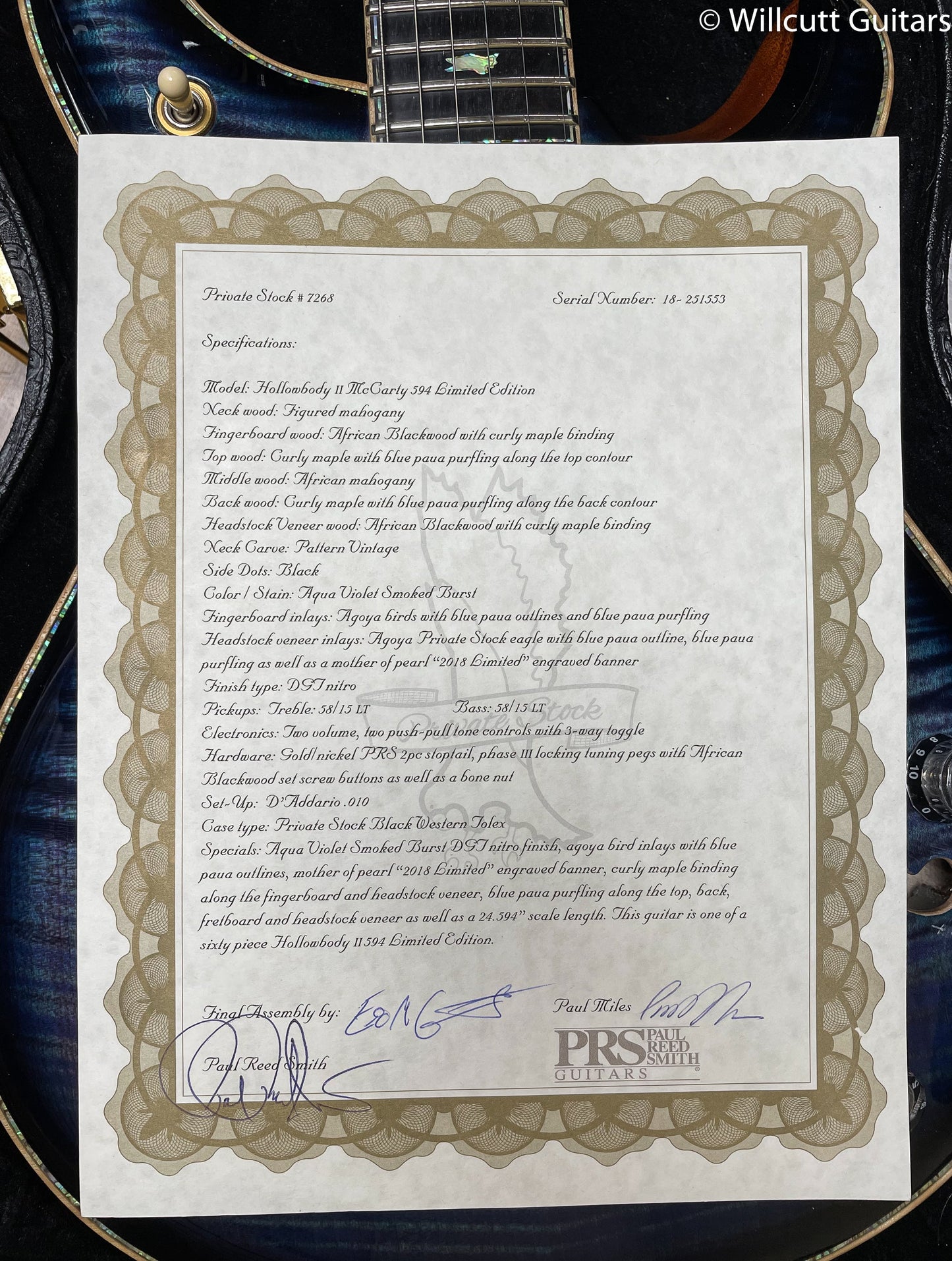 PRS Private Stock 7268 McCarty 594 Hollowbody II Limited Edition Aqua Violet Smoked Burst