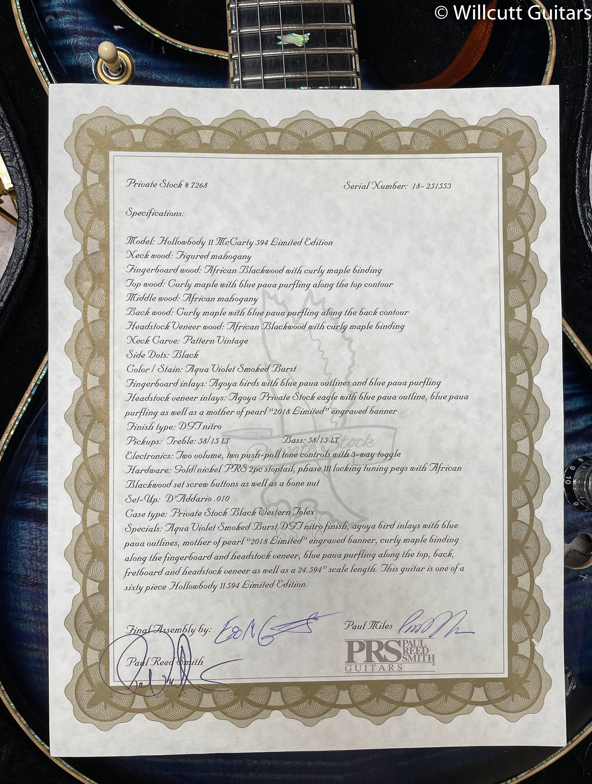 PRS Private Stock 7268 McCarty 594 Hollowbody II Limited Edition Aqua Violet Smoked Burst