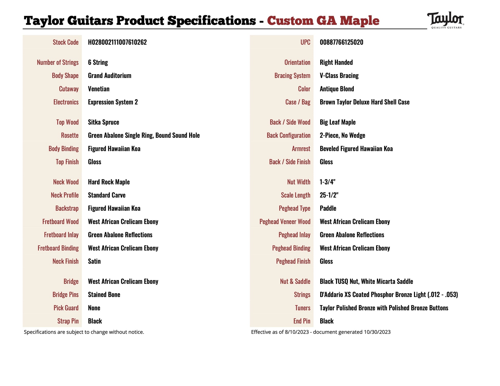 Taylor Custom Grand Auditorium Big leaf Maple/ Bearclaw Sitka Spruce