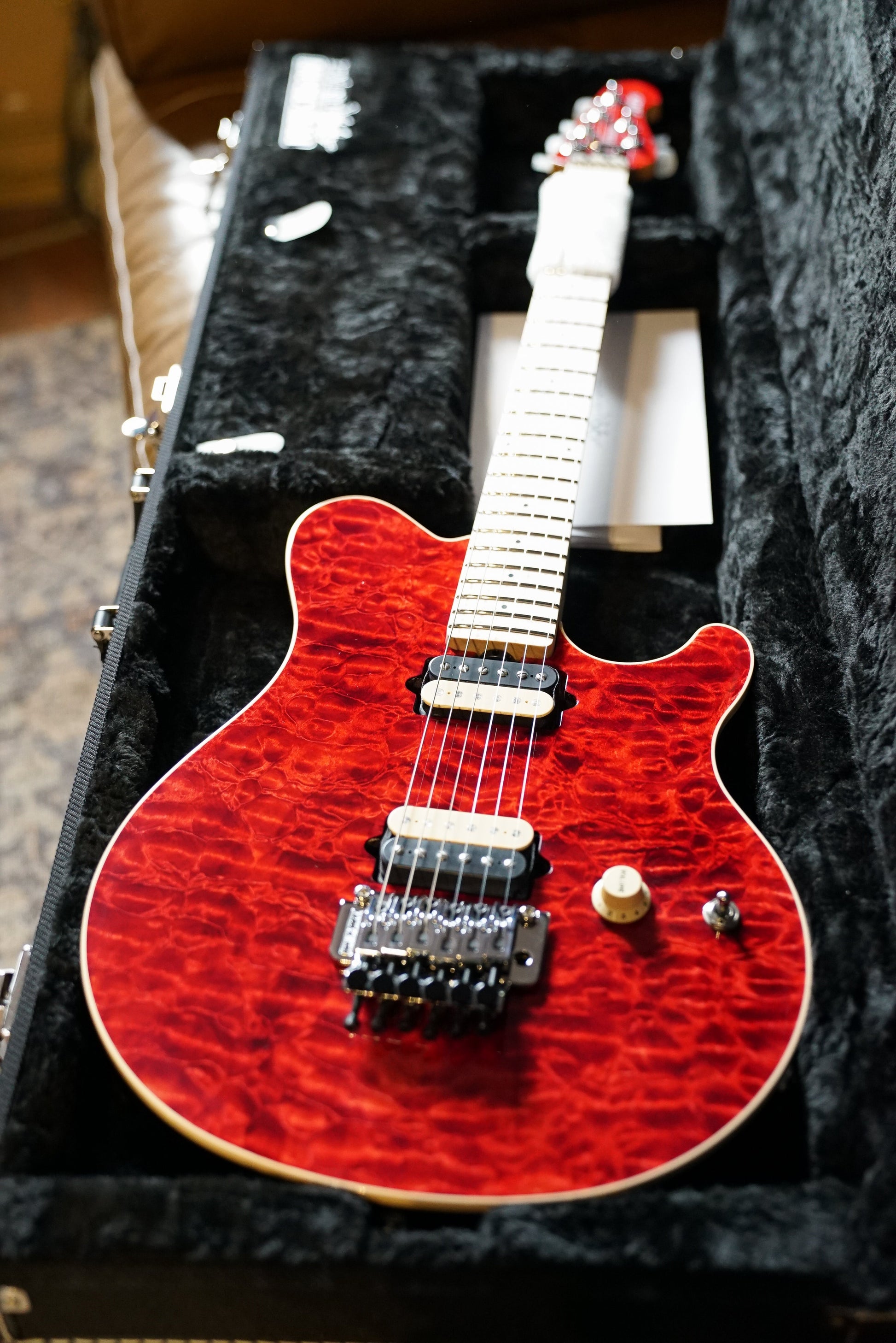 Music Man 30th Anniversary Axis - Translucent Red Quilt Top/Black Red Sparkle Back - Figured Maple Neck/Matching Headstock