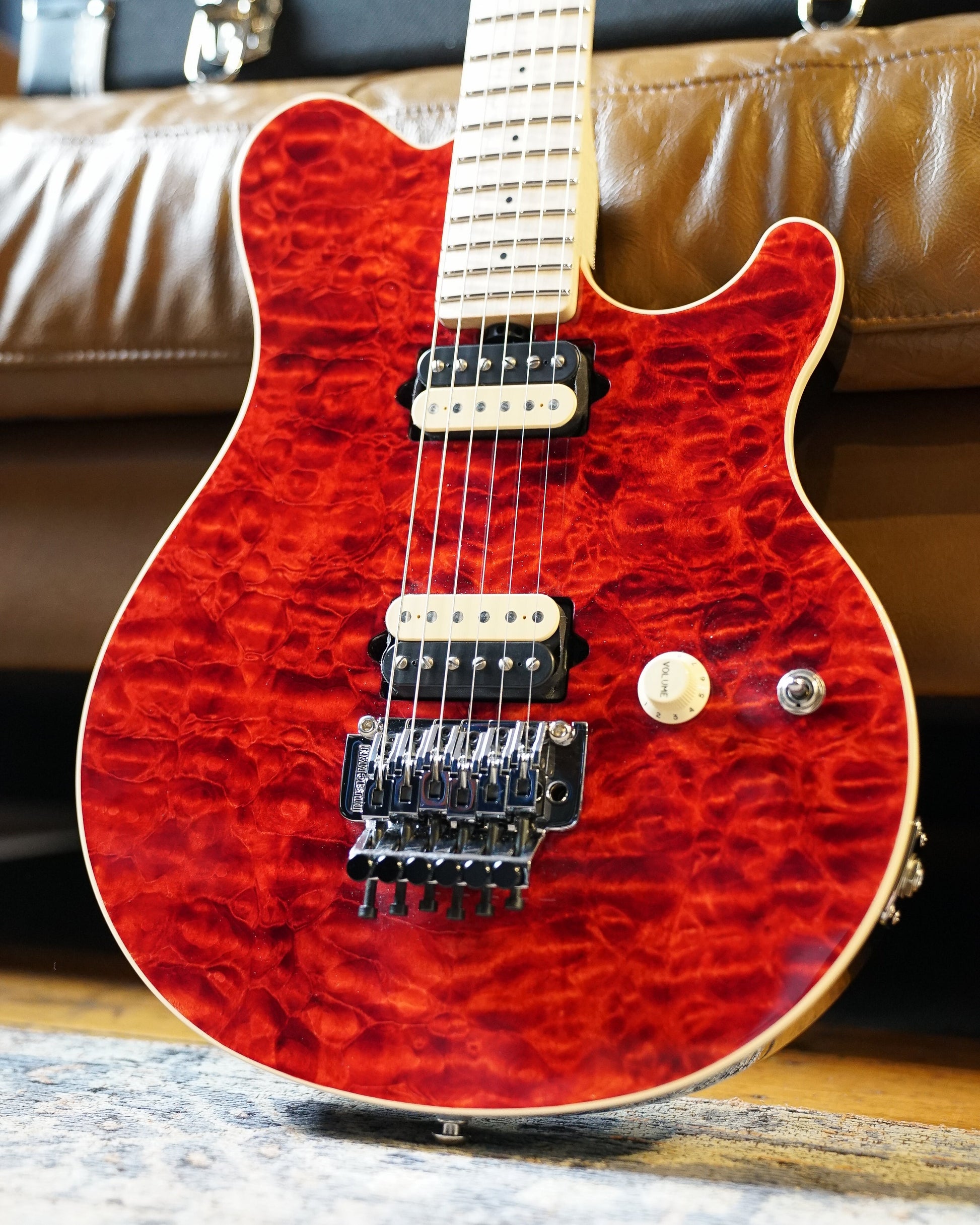 Music Man 30th Anniversary Axis - Translucent Red Quilt Top/Black Red Sparkle Back - Figured Maple Neck/Matching Headstock