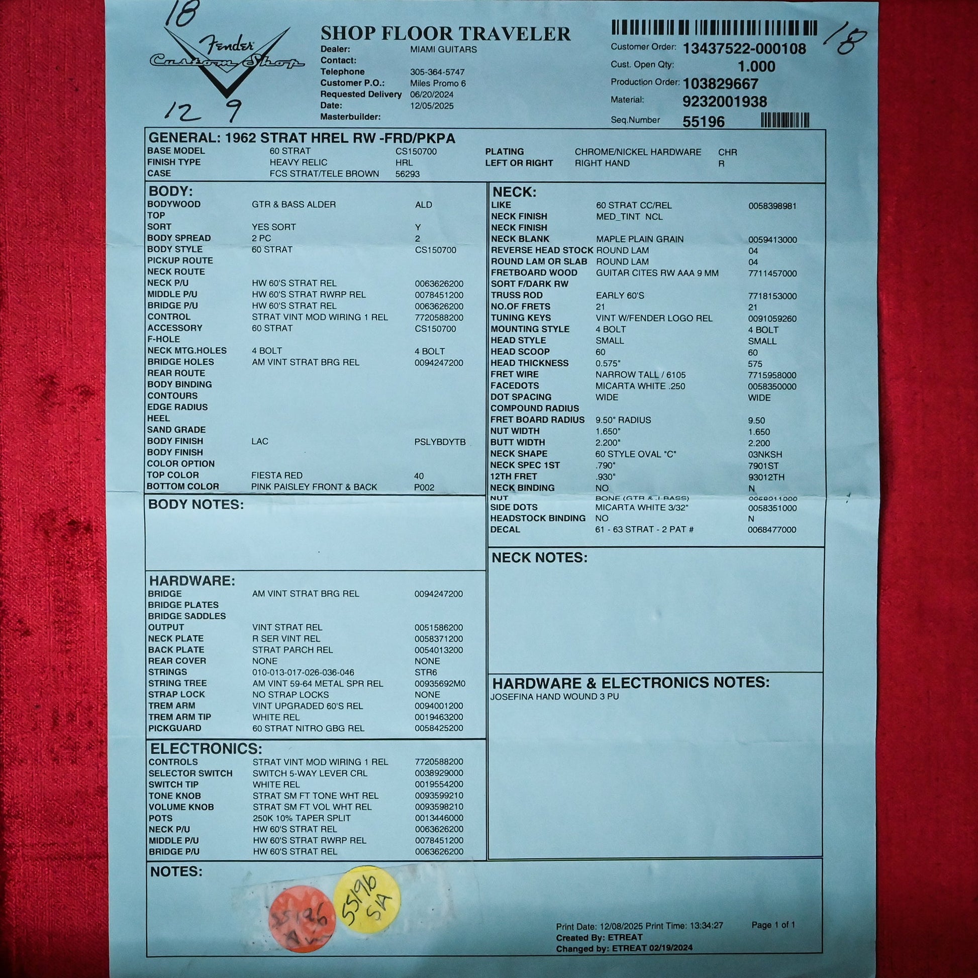 Fender Custom Shop 1962 Stratocaster w/ Josefina Handwound Pickups, Heavy Relic- Fiesta Red/ Pink Paisley 2026 (R143987)