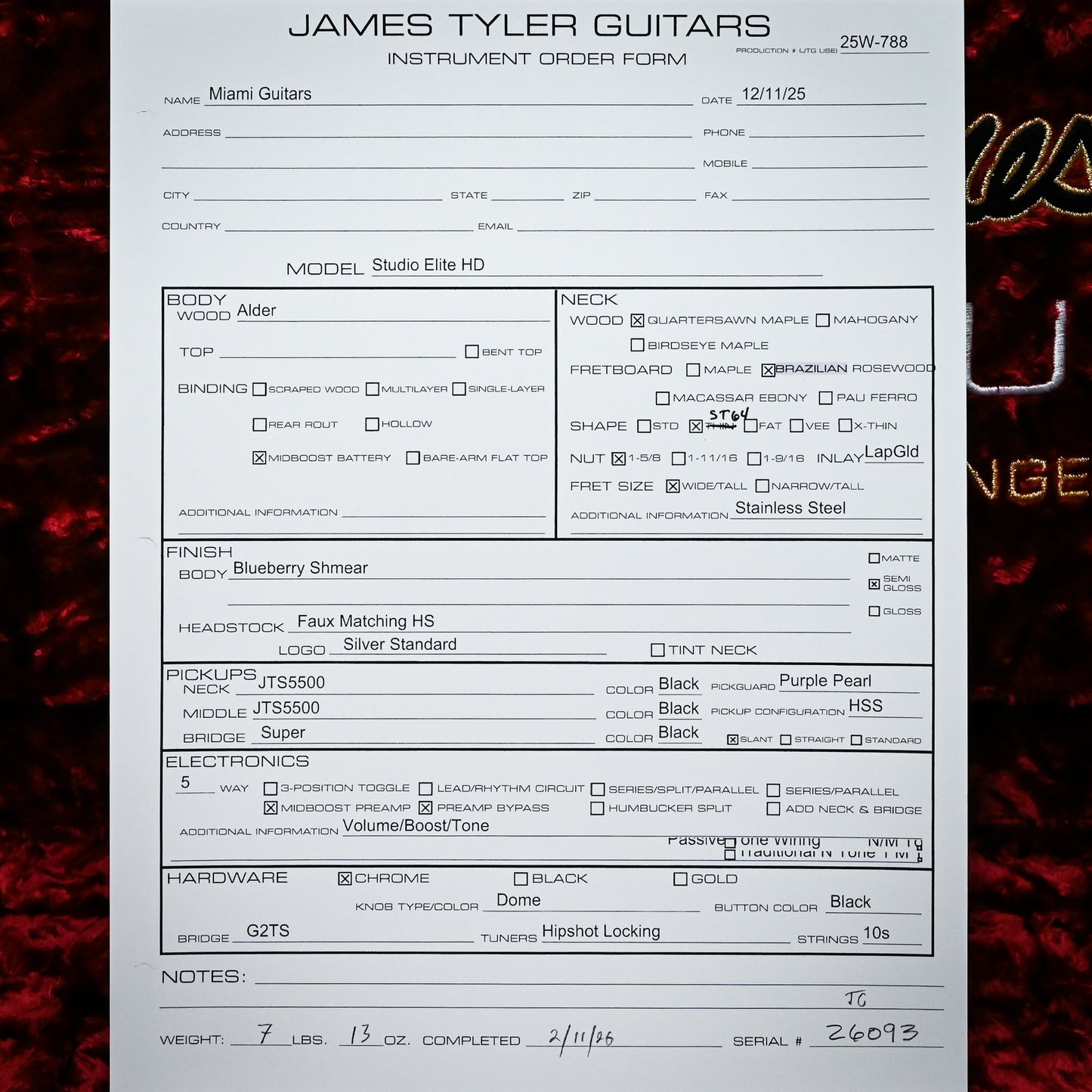 James Tyler Studio Elite HD w/ Brazilian Rosewood Fingerboard- Blueberry Shmear 2026 (26093)