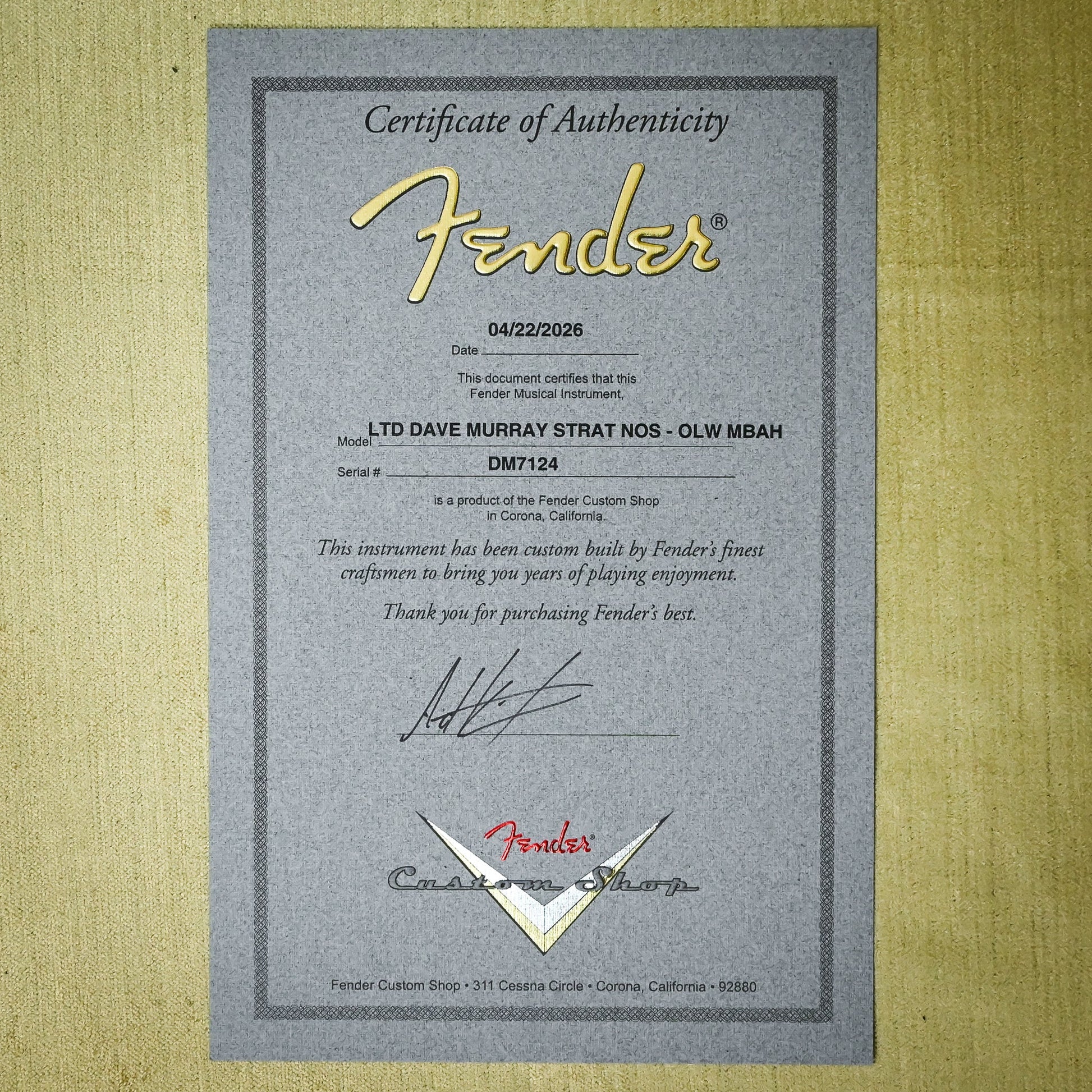 Fender Custom Shop Masterbuilt Andy Hicks Limited Edition Dave Murray Stratocaster NOS- Olympic White 2026 (DM7124)