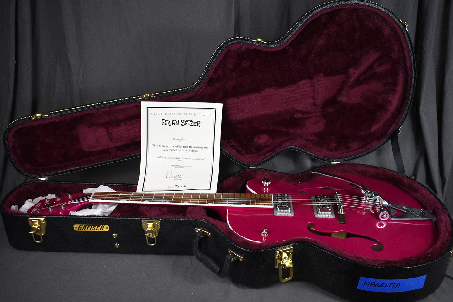 2018 Gretsch Brian Setzer Signature Hot Rod Magenta Prototype Thinline 2.25" (Owned by Brian Setzer)