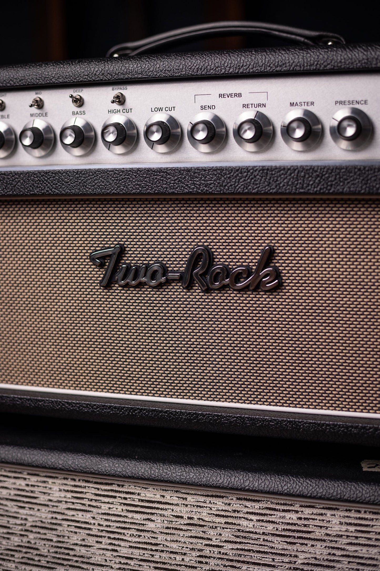 IN STOCK | Two-Rock Silver Sterling Signature 100 Watt Head - Black Bronco, Aged British Black and Tan Cloth, White Piping, Silver Knobs