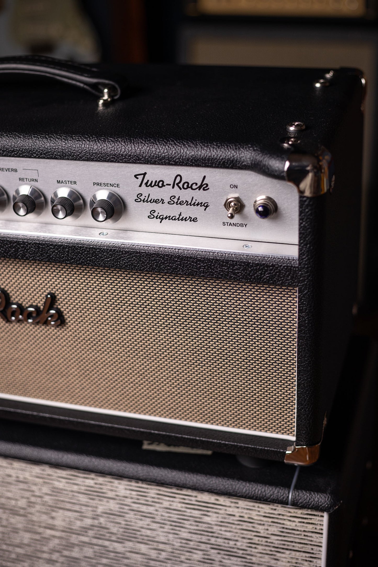 IN STOCK | Two-Rock Silver Sterling Signature 100 Watt Head - Black Bronco, Aged British Black and Tan Cloth, White Piping, Silver Knobs