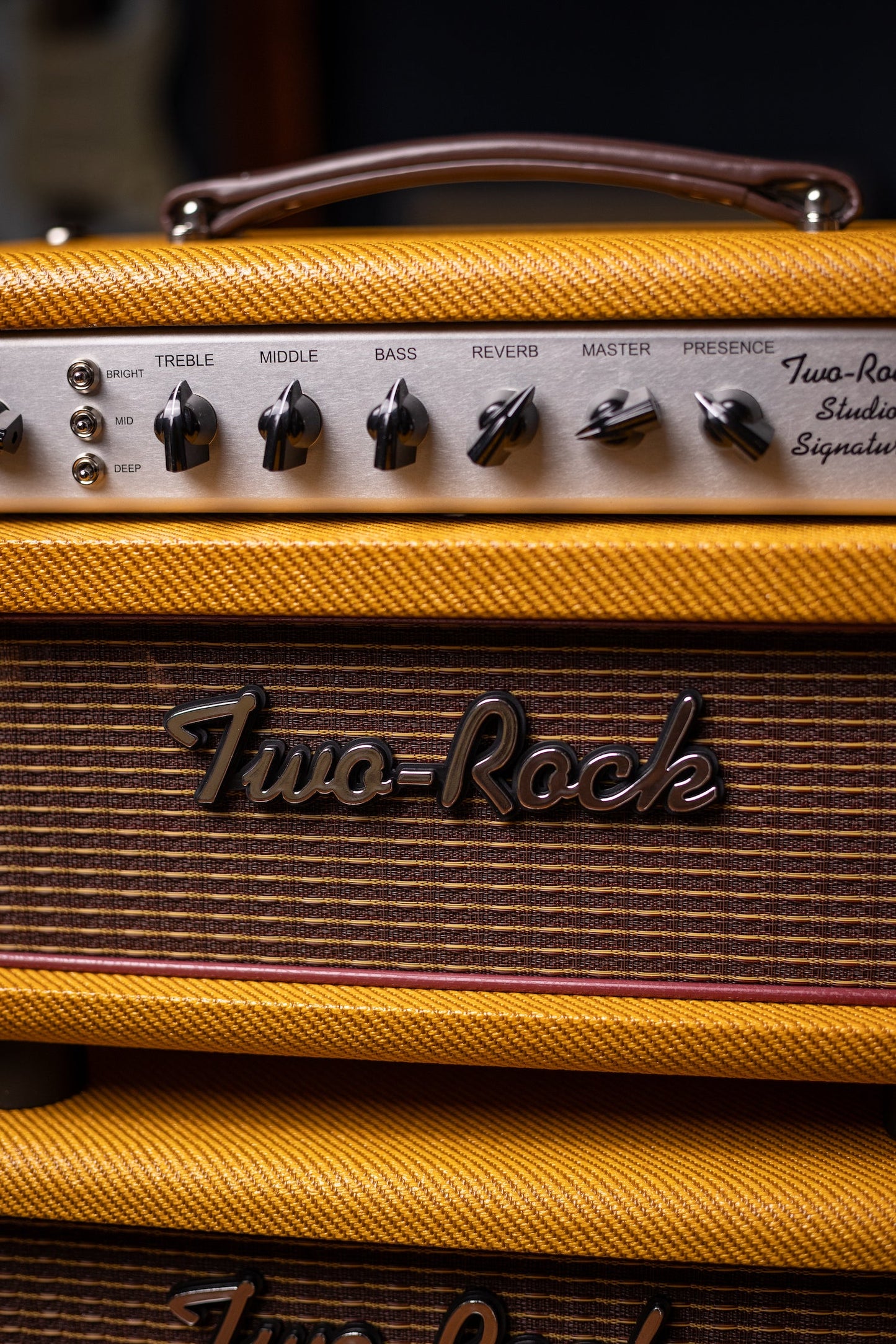 Two-Rock Studio Signature 120v Head and 1x12 Open Back 2R12 Speaker Cabinet - Amber Lacquered Tweed, Silver Anodized, Oxblood Stripe Cloth, Black Knobs, Maroon Pipping