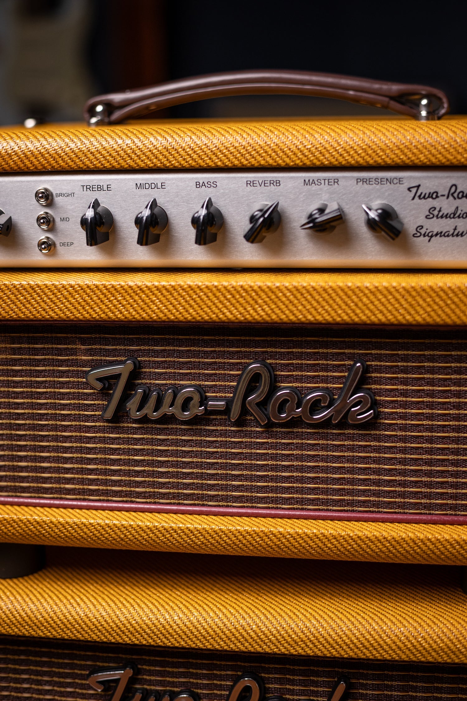 Two-Rock Studio Signature 120v Head and 1x12 Open Back 2R12 Speaker Cabinet - Amber Lacquered Tweed, Silver Anodized, Oxblood Stripe Cloth, Black Knobs, Maroon Pipping