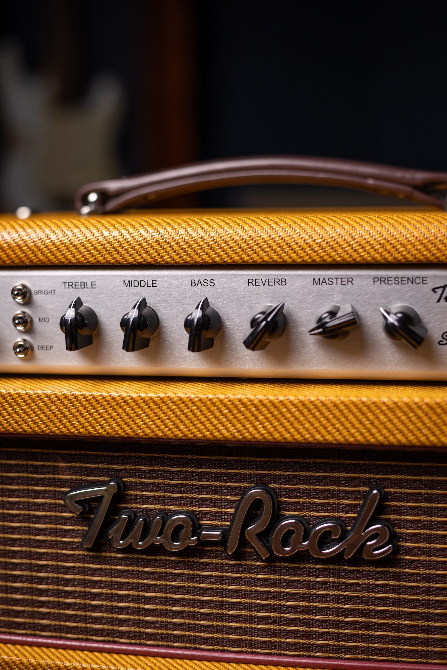 Two-Rock Studio Signature 120v Head and 1x12 Open Back 2R12 Speaker Cabinet - Amber Lacquered Tweed, Silver Anodized, Oxblood Stripe Cloth, Black Knobs, Maroon Pipping