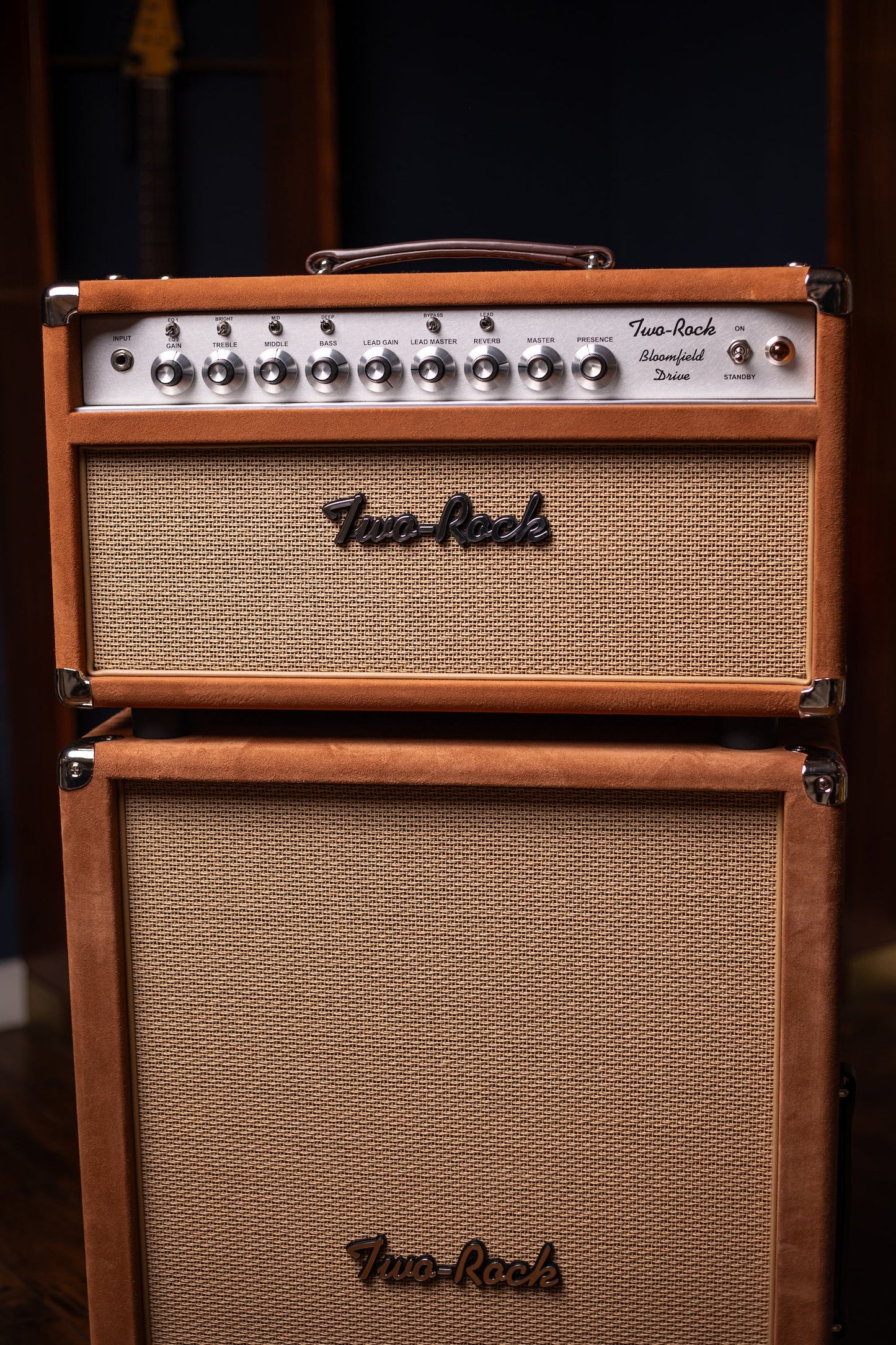 Two-Rock Bloomfield Drive 100/50w Tube Head and Cabinet - Tobacco Suede, Cane Cloth, Silver Anodized, Buckskin Piping, Silver Knobs, TR12 Speakers