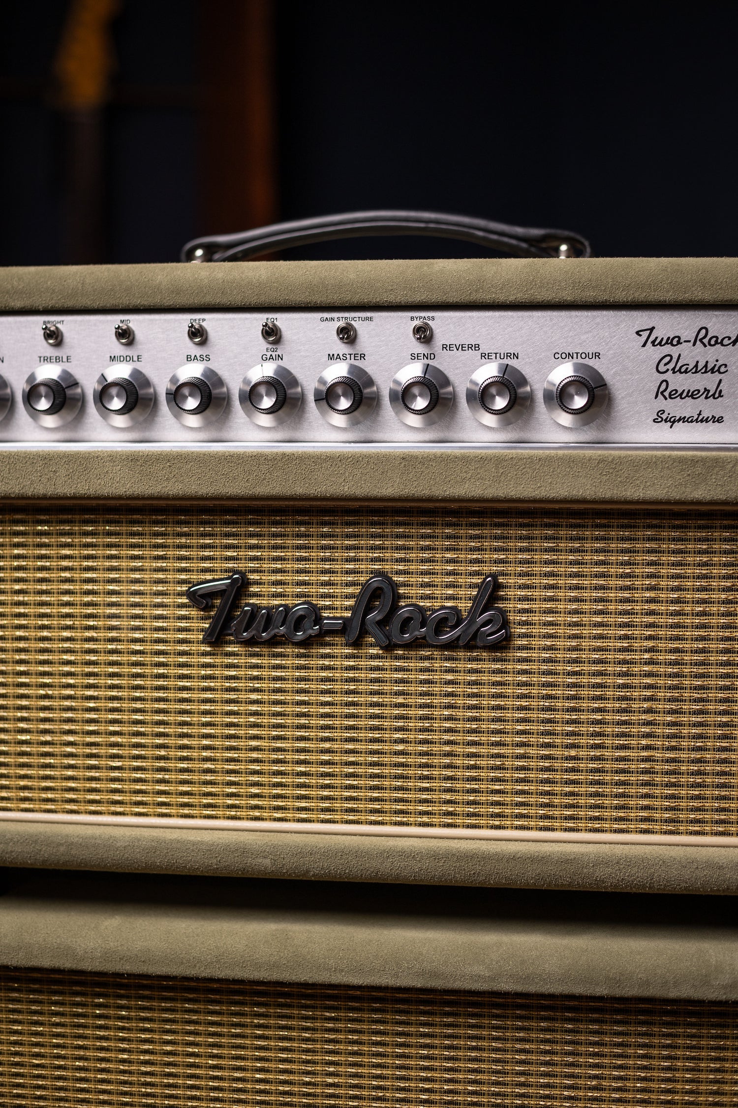 Two-Rock Classic Reverb Signature 100 Watt Head And TR12 Speaker 2x12 Extension Cabinet - Moss Green Suede, Vintage Gold Cloth, Beige Piping, Silver Anodize