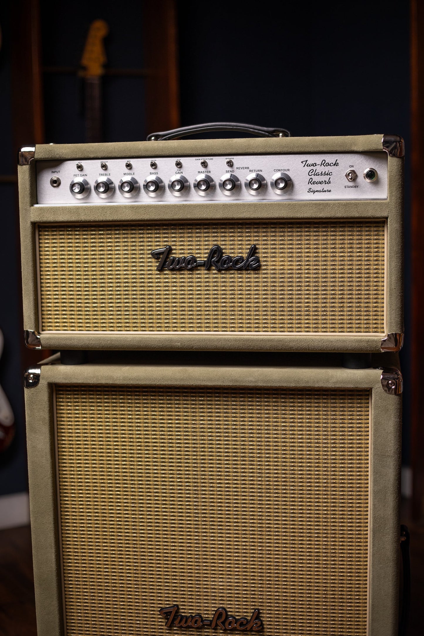 Two-Rock Classic Reverb Signature 100 Watt Head And TR12 Speaker 2x12 Extension Cabinet - Moss Green Suede, Vintage Gold Cloth, Beige Piping, Silver Anodize