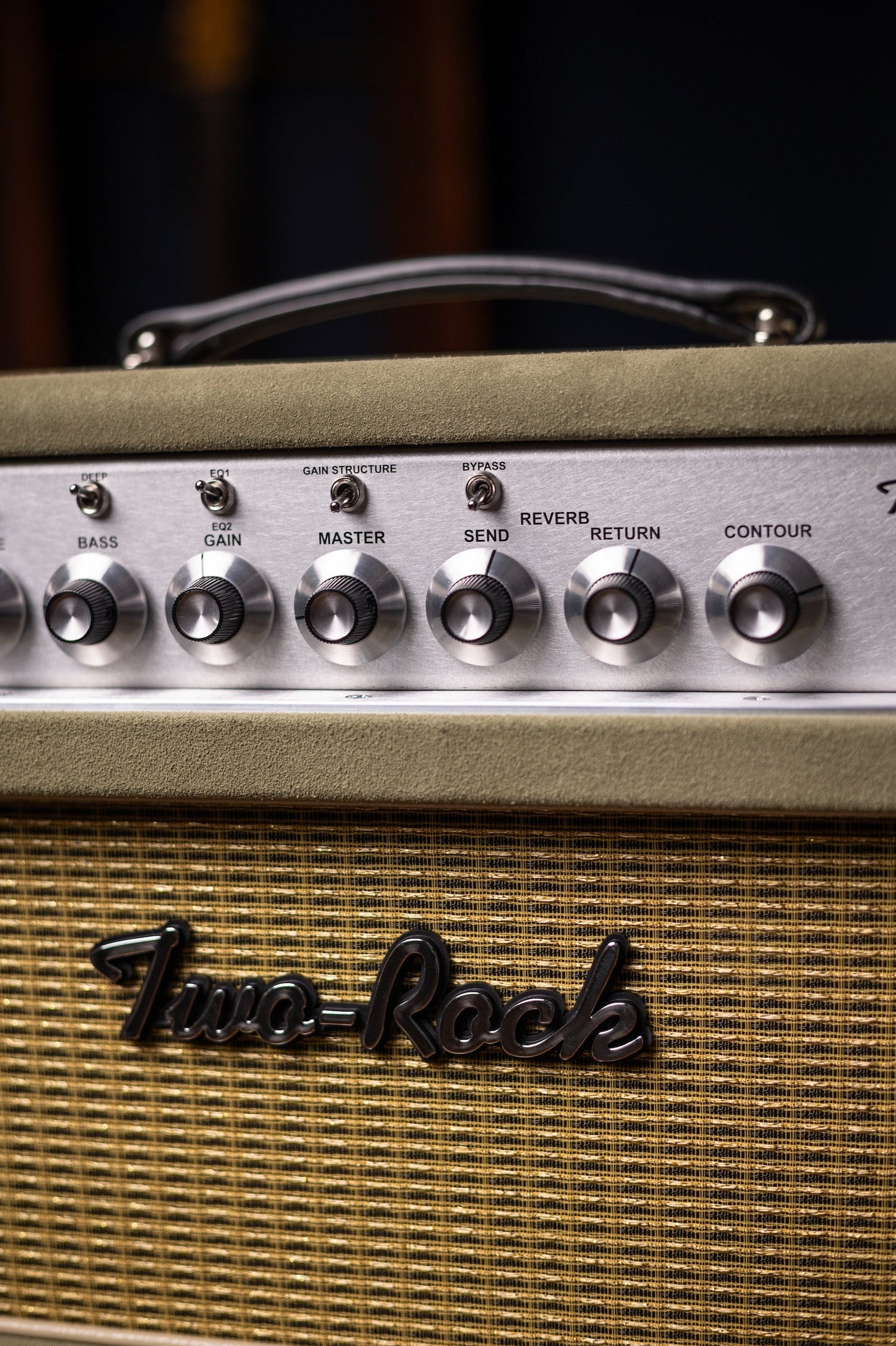 Two-Rock Classic Reverb Signature 100 Watt Head And TR12 Speaker 2x12 Extension Cabinet - Moss Green Suede, Vintage Gold Cloth, Beige Piping, Silver Anodize