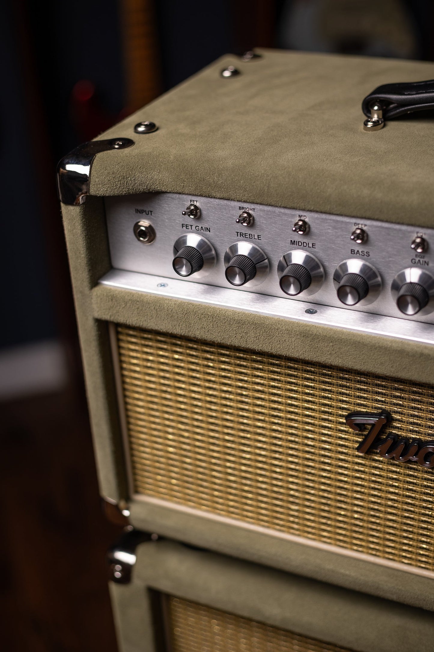 Two-Rock Classic Reverb Signature 100 Watt Head And TR12 Speaker 2x12 Extension Cabinet - Moss Green Suede, Vintage Gold Cloth, Beige Piping, Silver Anodize
