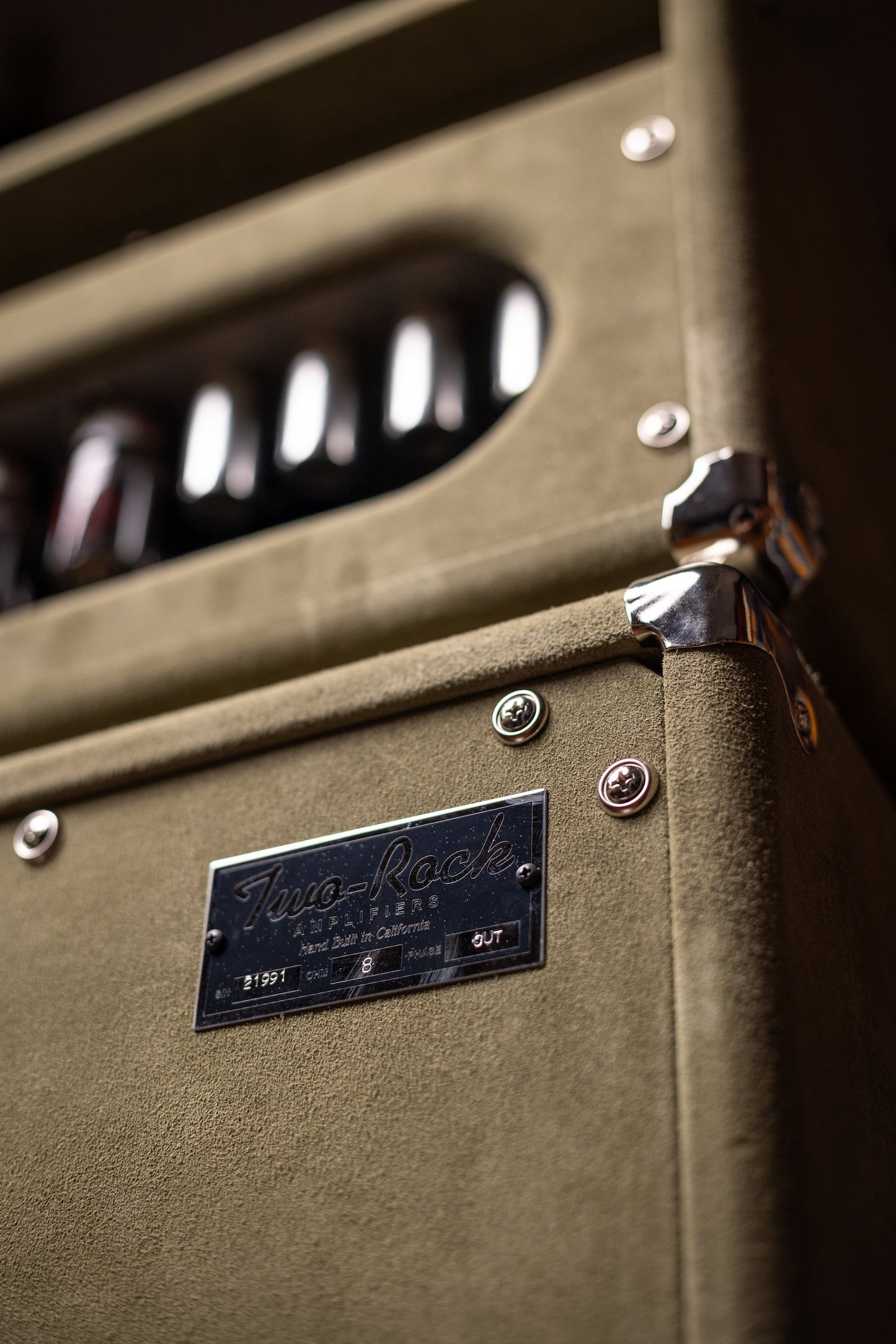 Two-Rock Classic Reverb Signature 100 Watt Head And TR12 Speaker 2x12 Extension Cabinet - Moss Green Suede, Vintage Gold Cloth, Beige Piping, Silver Anodize