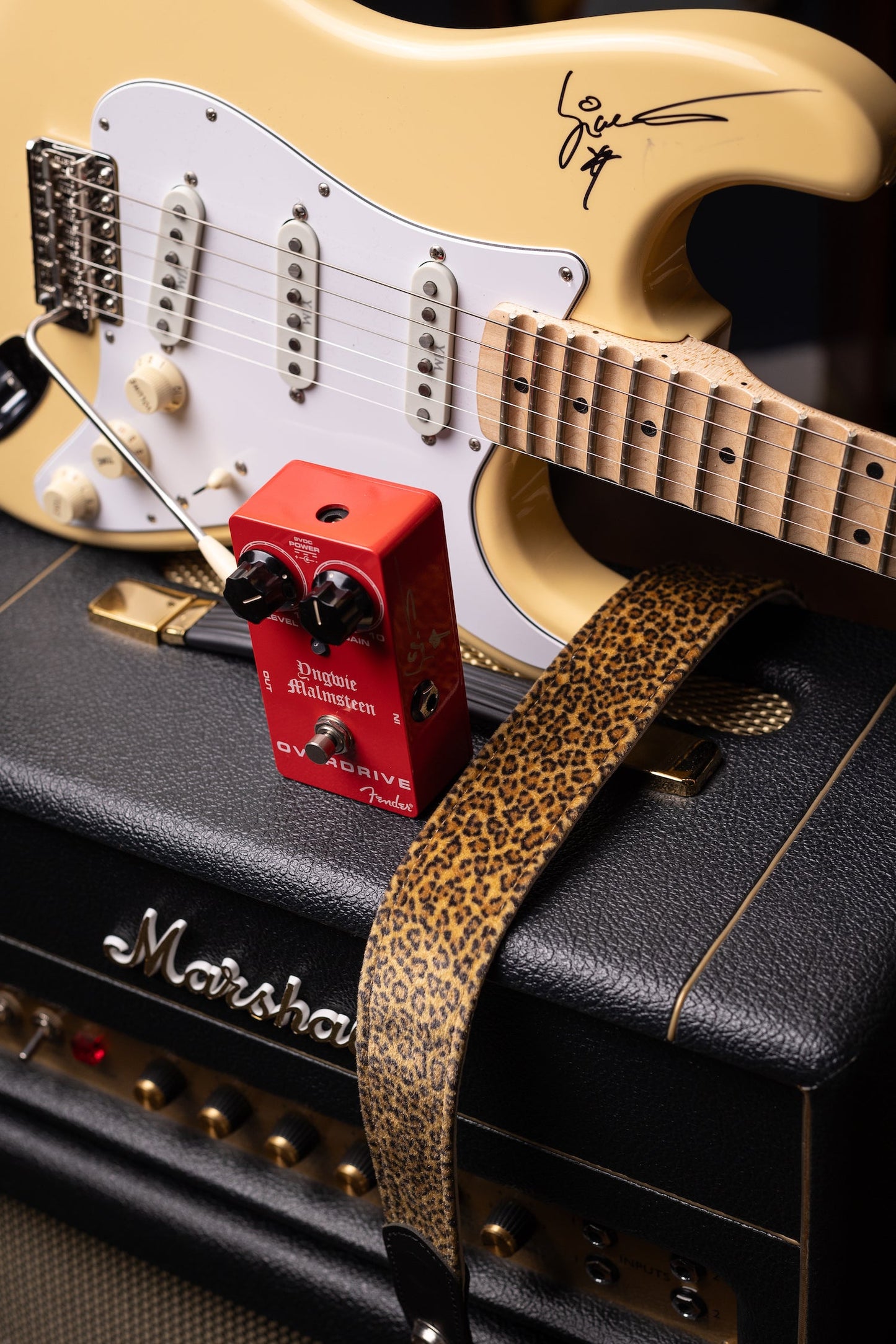 2019 Fender YJM Yngwie Malmsteen Stratocaster - Vintage White + Fender Yngwie Malmsteen Overdrive Pedal Signed Set