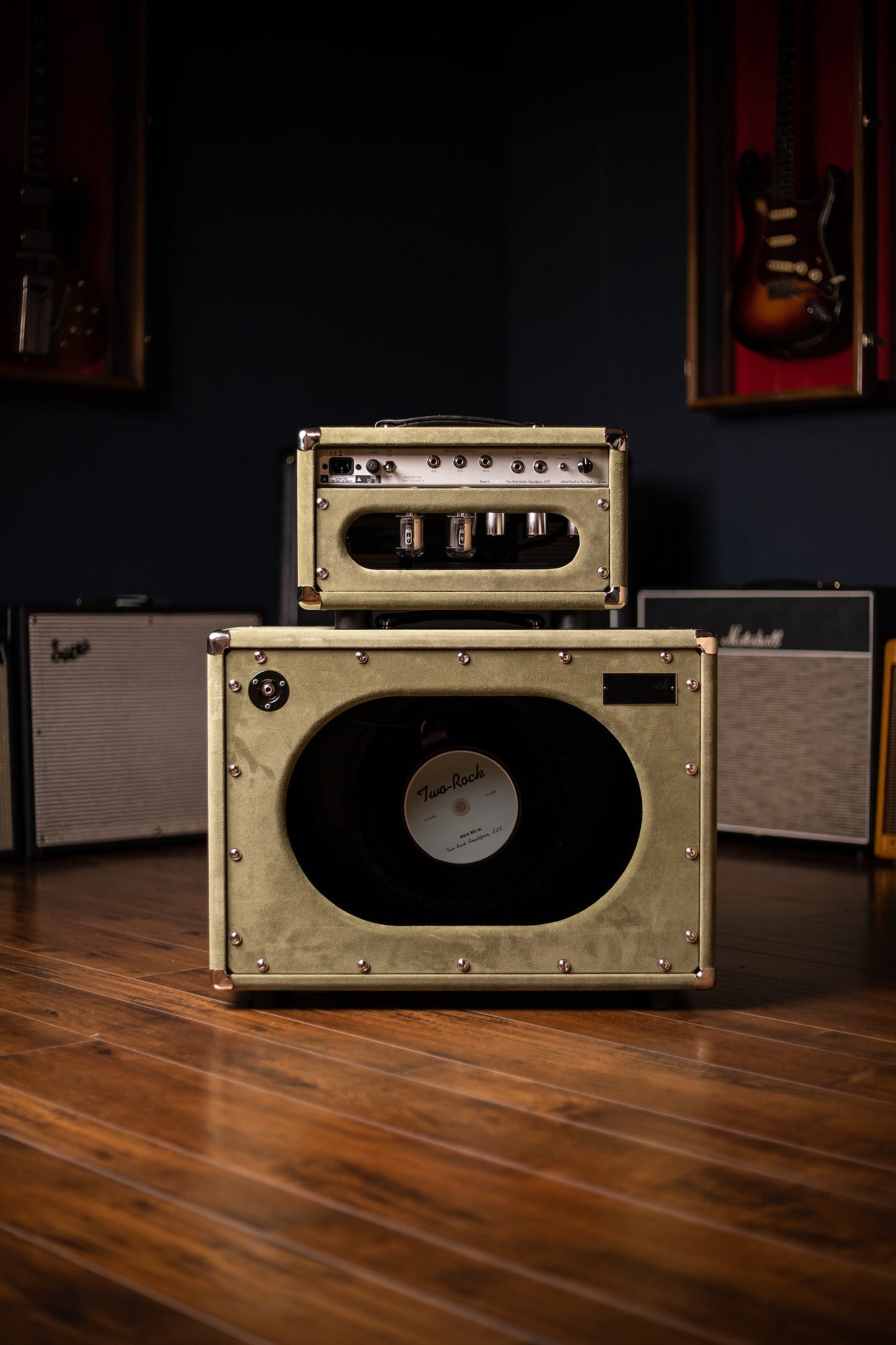 2022 Two-Rock Studio Signature 35 Watt Tube Head and 12-65B 1x12 Extension Cabinet - Moss Green Suede, Silver Chassis, Vintage Gold Grill, Silver Knobs