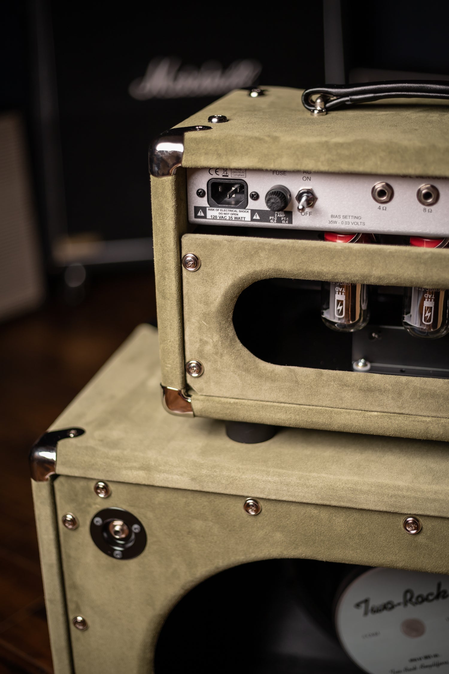 2022 Two-Rock Studio Signature 35 Watt Tube Head and 12-65B 1x12 Extension Cabinet - Moss Green Suede, Silver Chassis, Vintage Gold Grill, Silver Knobs