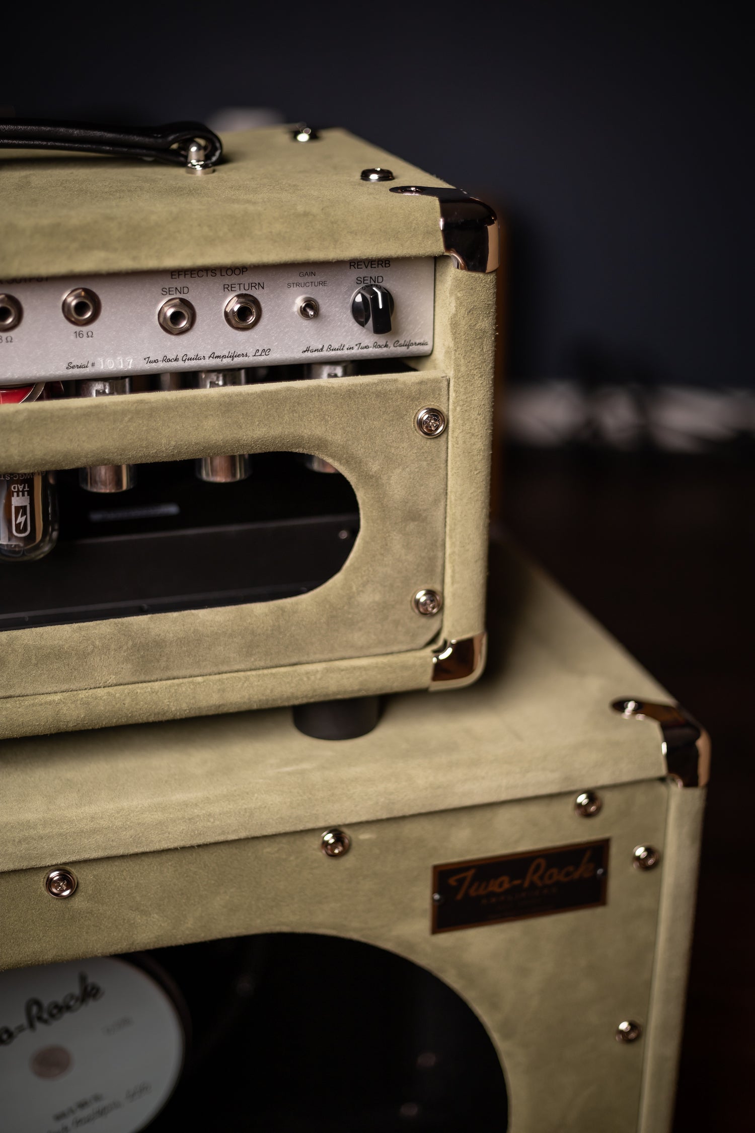 2022 Two-Rock Studio Signature 35 Watt Tube Head and 12-65B 1x12 Extension Cabinet - Moss Green Suede, Silver Chassis, Vintage Gold Grill, Silver Knobs