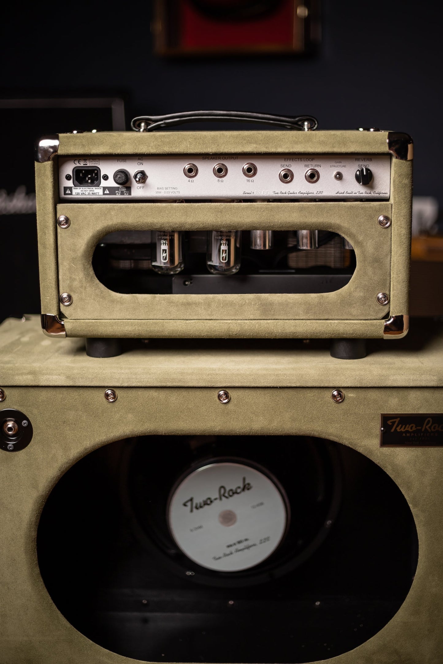 2022 Two-Rock Studio Signature 35 Watt Tube Head and 12-65B 1x12 Extension Cabinet - Moss Green Suede, Silver Chassis, Vintage Gold Grill, Silver Knobs