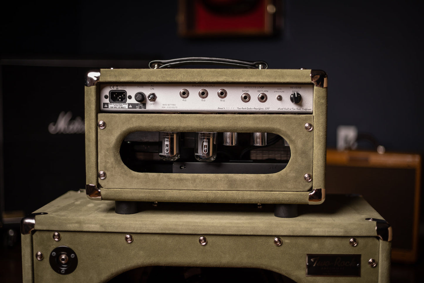 2022 Two-Rock Studio Signature 35 Watt Tube Head and 12-65B 1x12 Extension Cabinet - Moss Green Suede, Silver Chassis, Vintage Gold Grill, Silver Knobs
