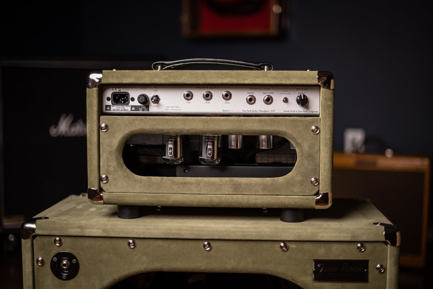 2022 Two-Rock Studio Signature 35 Watt Tube Head and 12-65B 1x12 Extension Cabinet - Moss Green Suede, Silver Chassis, Vintage Gold Grill, Silver Knobs