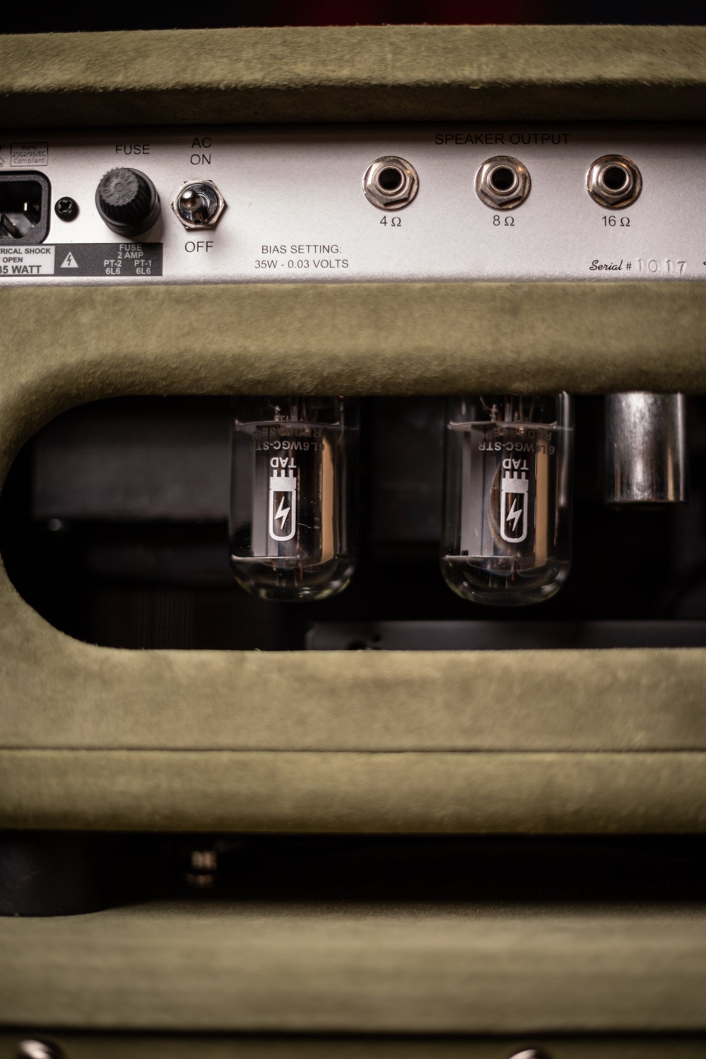 2022 Two-Rock Studio Signature 35 Watt Tube Head and 12-65B 1x12 Extension Cabinet - Moss Green Suede, Silver Chassis, Vintage Gold Grill, Silver Knobs