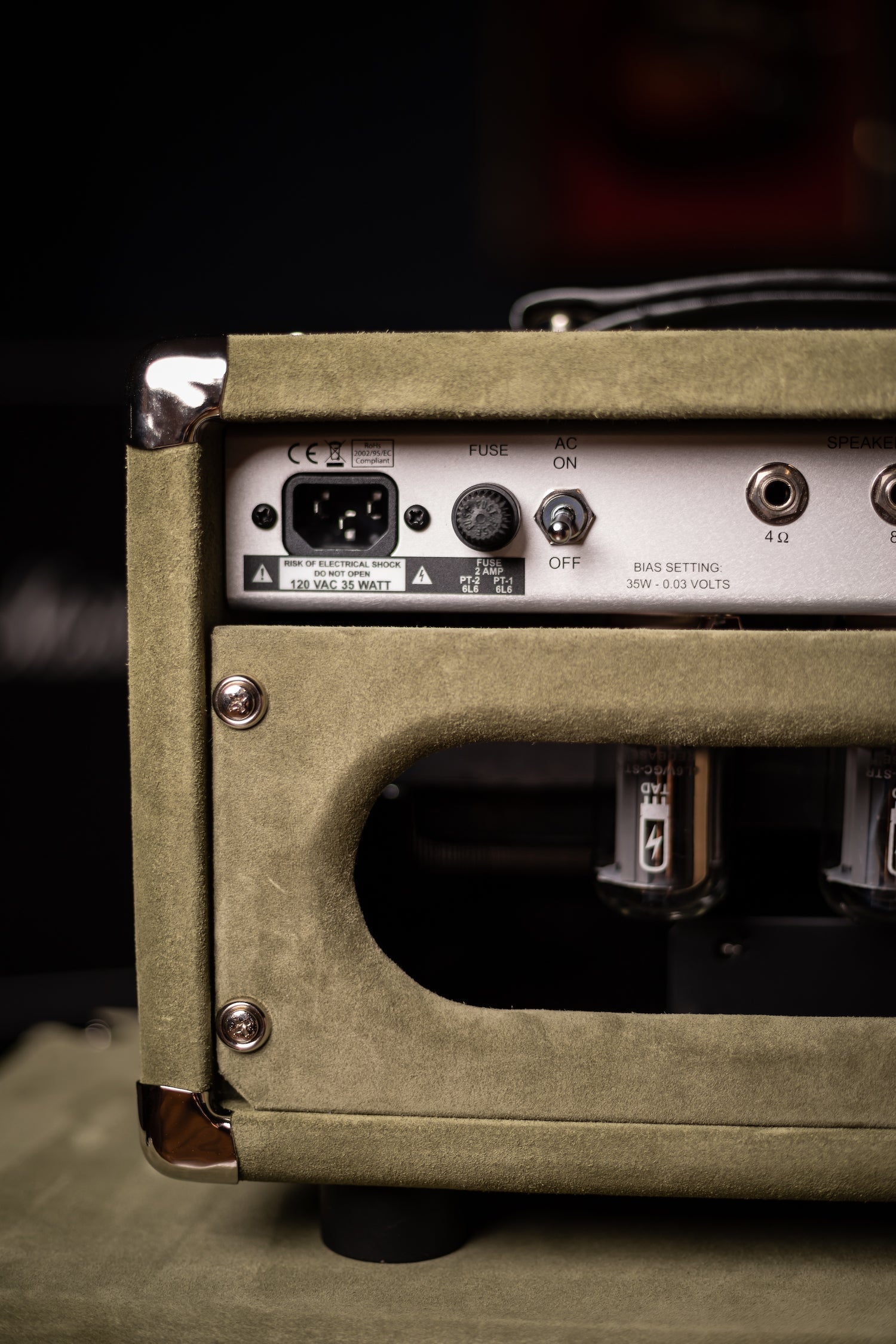 2022 Two-Rock Studio Signature 35 Watt Tube Head and 12-65B 1x12 Extension Cabinet - Moss Green Suede, Silver Chassis, Vintage Gold Grill, Silver Knobs