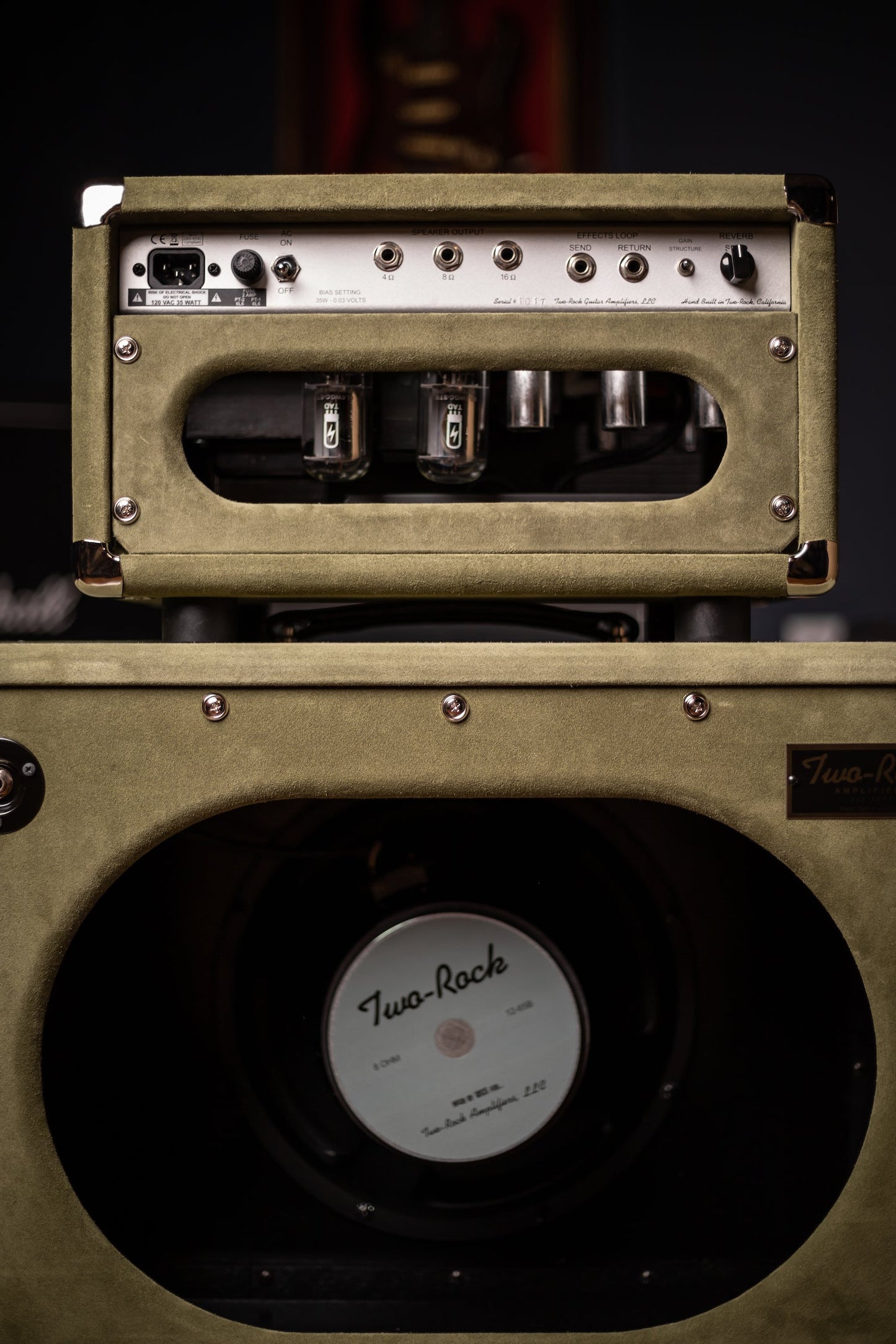 2022 Two-Rock Studio Signature 35 Watt Tube Head and 12-65B 1x12 Extension Cabinet - Moss Green Suede, Silver Chassis, Vintage Gold Grill, Silver Knobs
