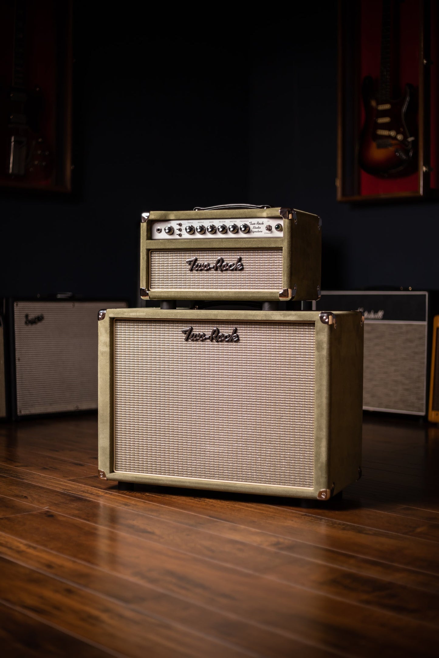 2022 Two-Rock Studio Signature 35 Watt Tube Head and 12-65B 1x12 Extension Cabinet - Moss Green Suede, Silver Chassis, Vintage Gold Grill, Silver Knobs