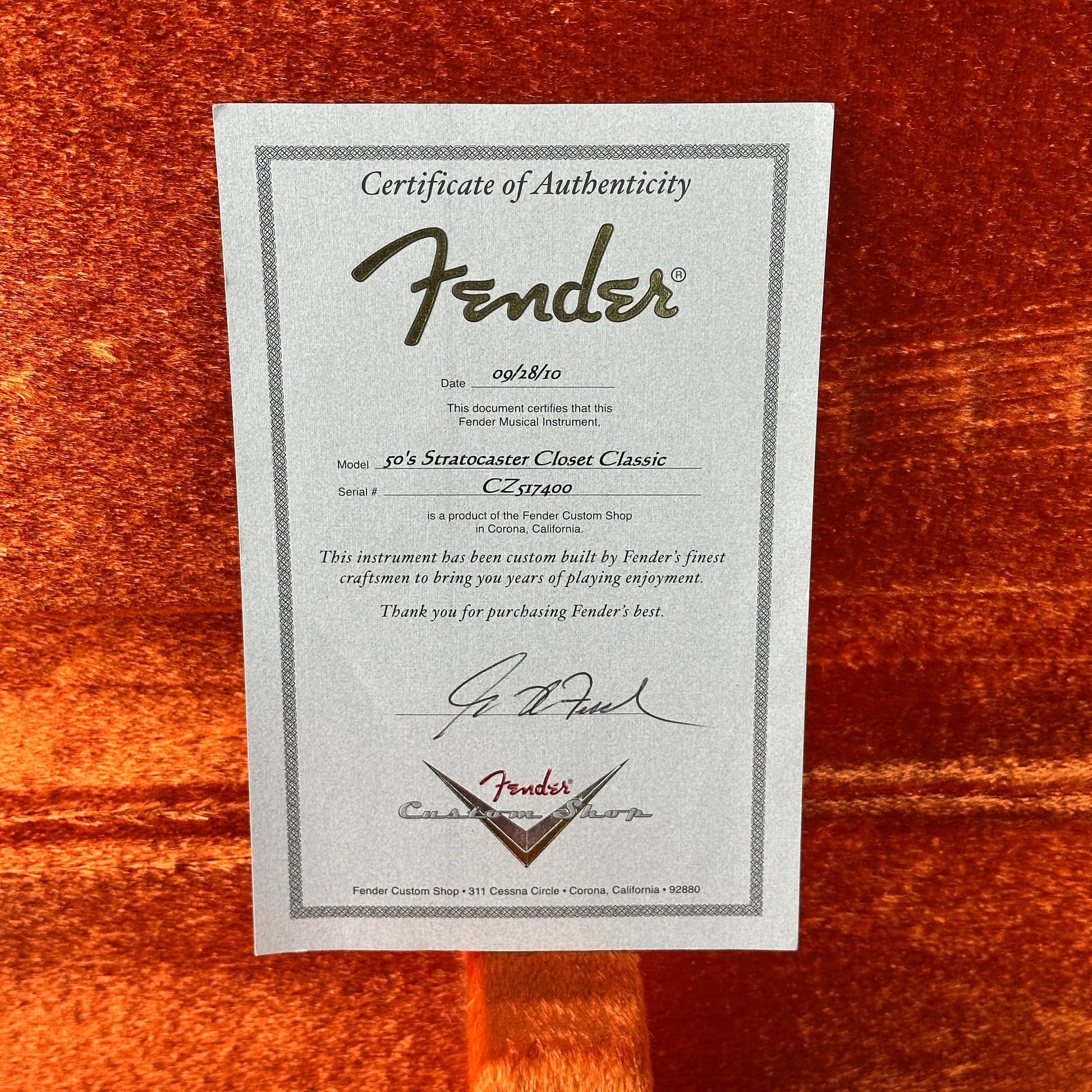 Used 2010 Fender Custom Shop Greg Fessler Masterbuilt 50s Closet Classic Strat Lake Placid Blue w/case TSU24733