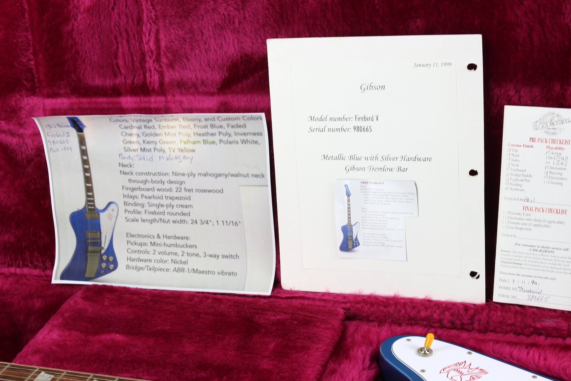 1999 Gibson Custom Shop Historic 65 Reissue Reverse Firebird V Pelham Blue