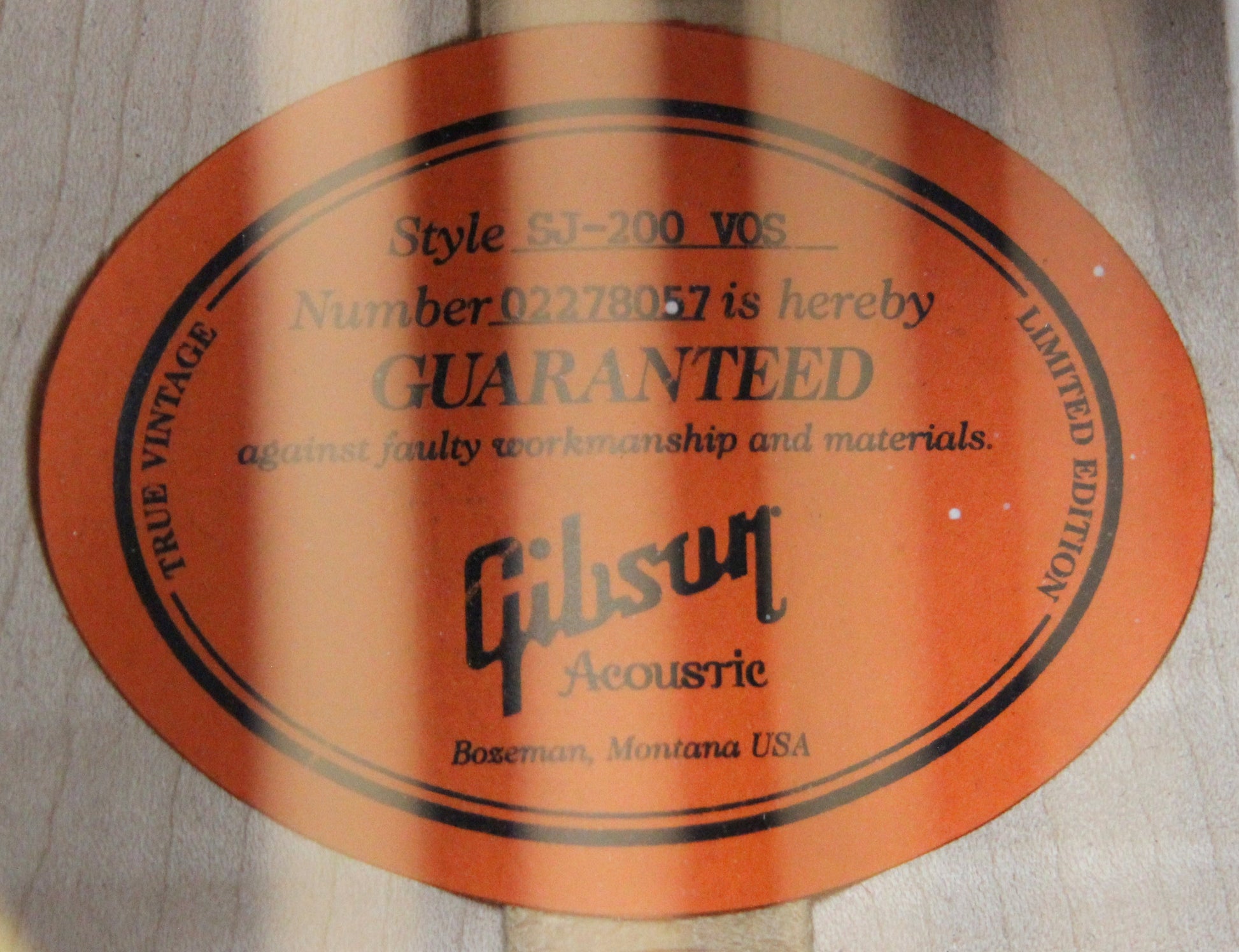 2008 Gibson Limited Edition SJ-200 True Vintage Montana - TV, Adirondack Red Spruce Top, Madagascar Rosewood Board/Bridge