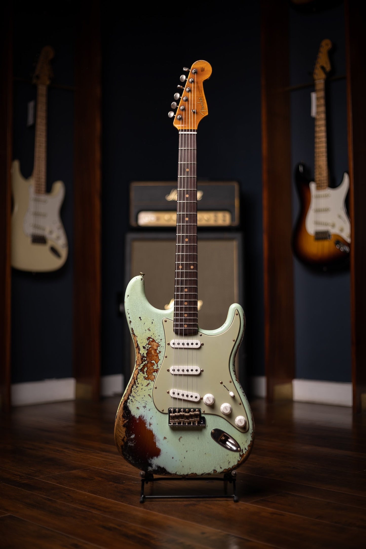 Fender Custom Shop 1961 Stratocaster Super Heavy Relic, 3A Rosewood Fingerboard Electric Guitar - Aged Surf Green over 3-Color Sunburst