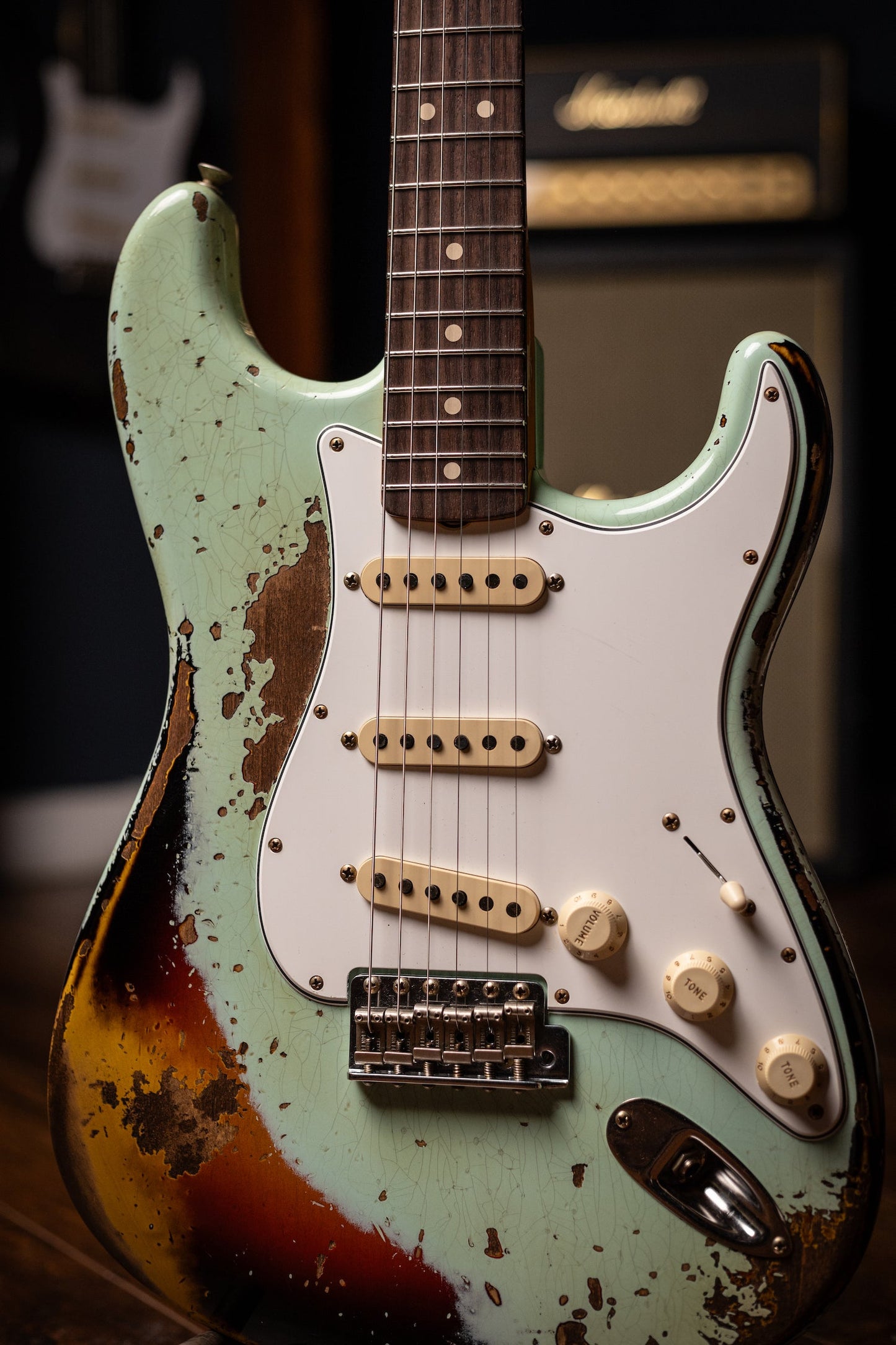 Fender Custom Shop 1963 Stratocaster Electric Guitar - Surf Green over 3-color Sunburst, Super Heavy Relic