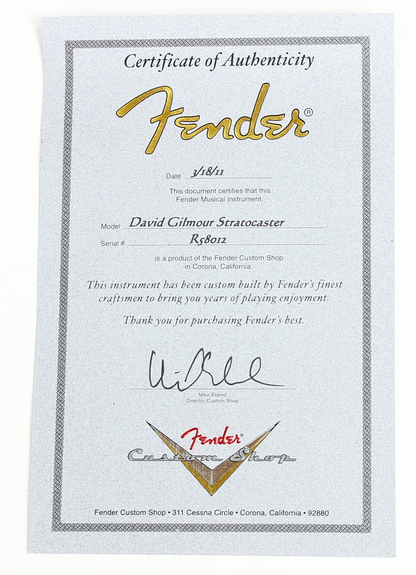 2011 Fender Custom Shop David Gilmour Signature Stratocaster NOS - Black Strat Artist Series MINT!