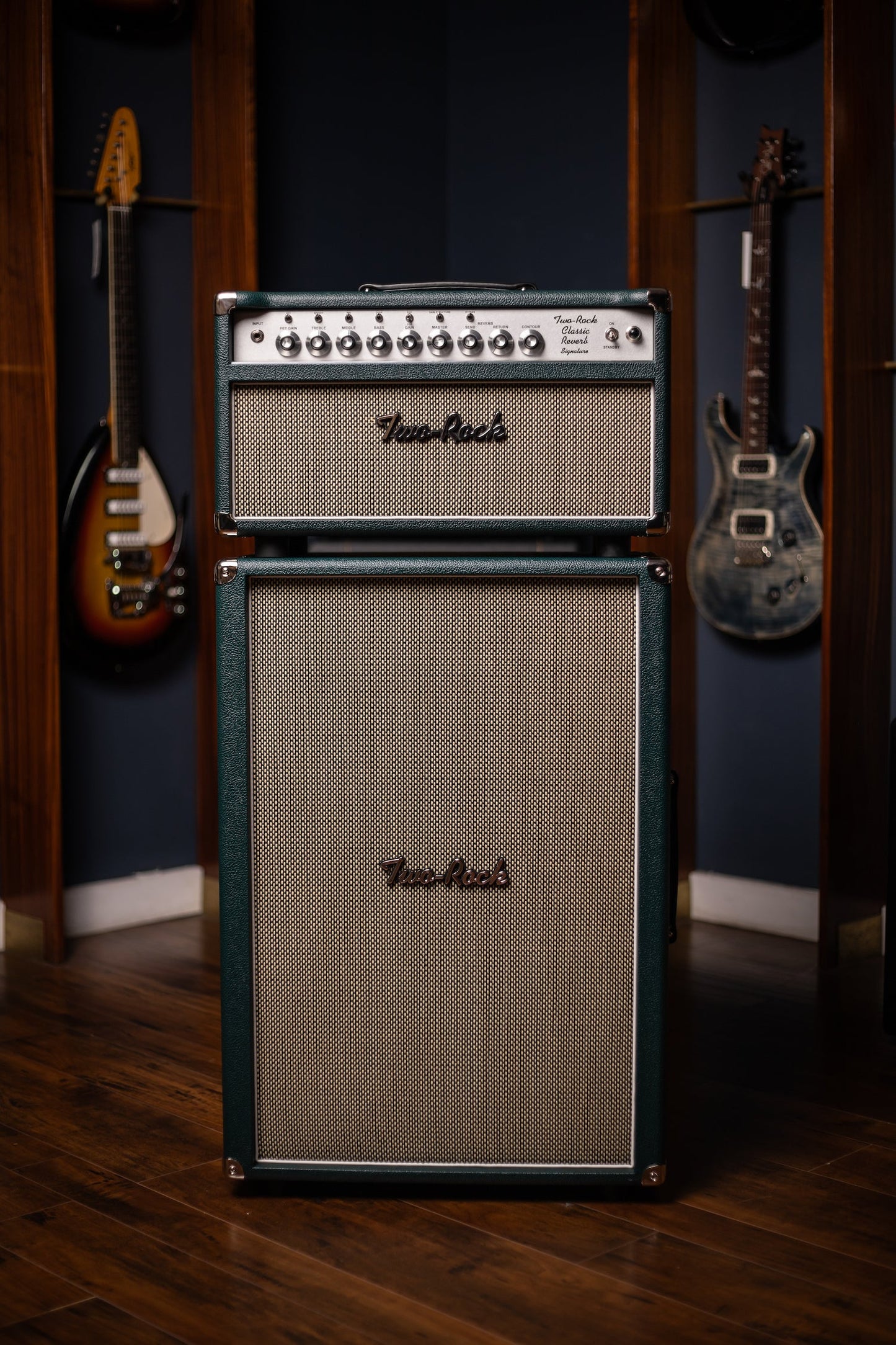 PRE-ORDER | Two-Rock Classic Reverb 100 Watt Head And 12-65B 2x12 Extension Cabinet - British Green, Salt & Pepper Cloth, White Piping