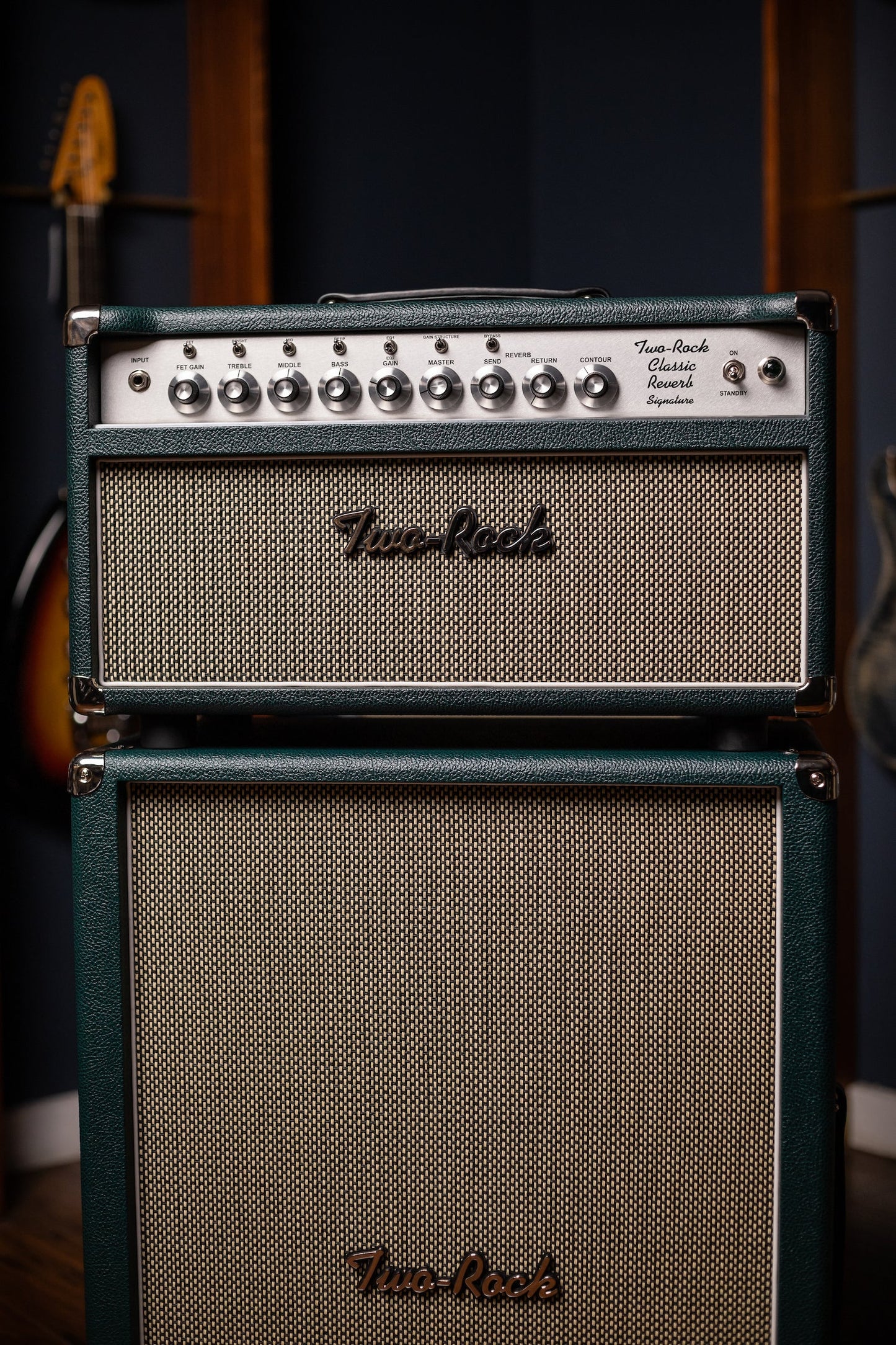 PRE-ORDER | Two-Rock Classic Reverb 100 Watt Head And 12-65B 2x12 Extension Cabinet - British Green, Salt & Pepper Cloth, White Piping