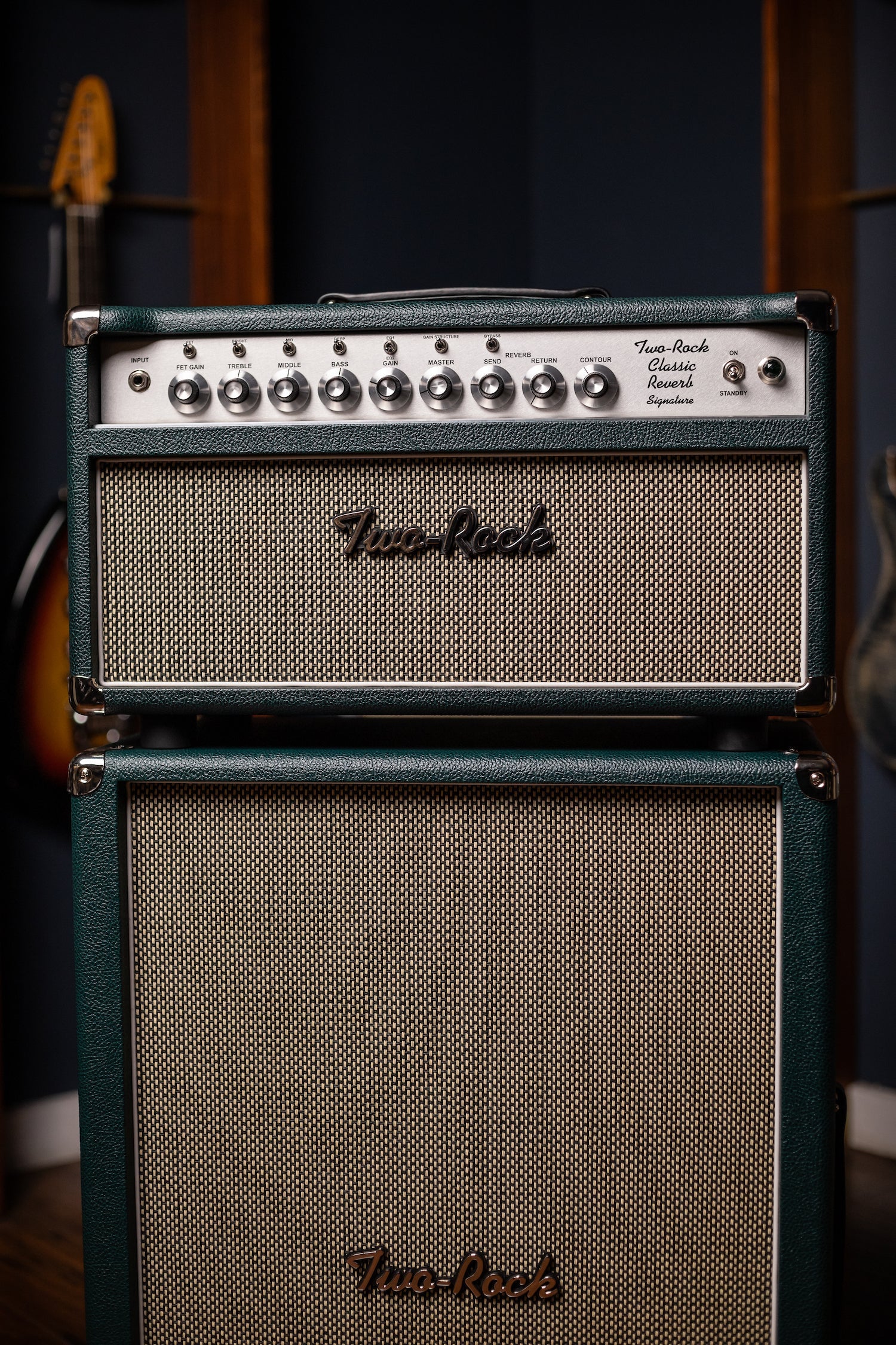 PRE-ORDER | Two-Rock Classic Reverb 100 Watt Head And 12-65B 2x12 Extension Cabinet - British Green, Salt & Pepper Cloth, White Piping