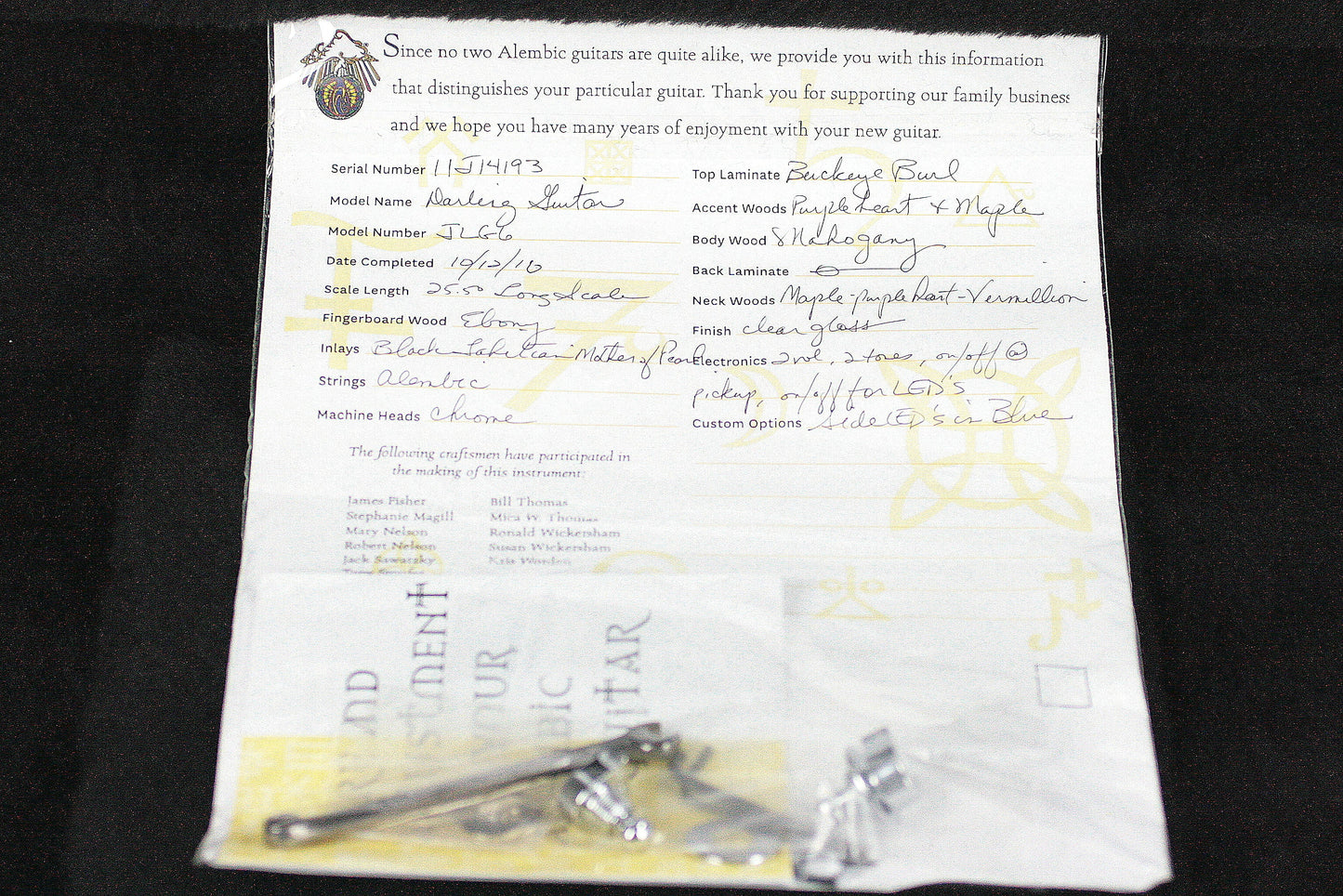 MINT 2011 Alembic Darling Buckeye Burl Top w/ Blue LED's Paperwork, Original Case!