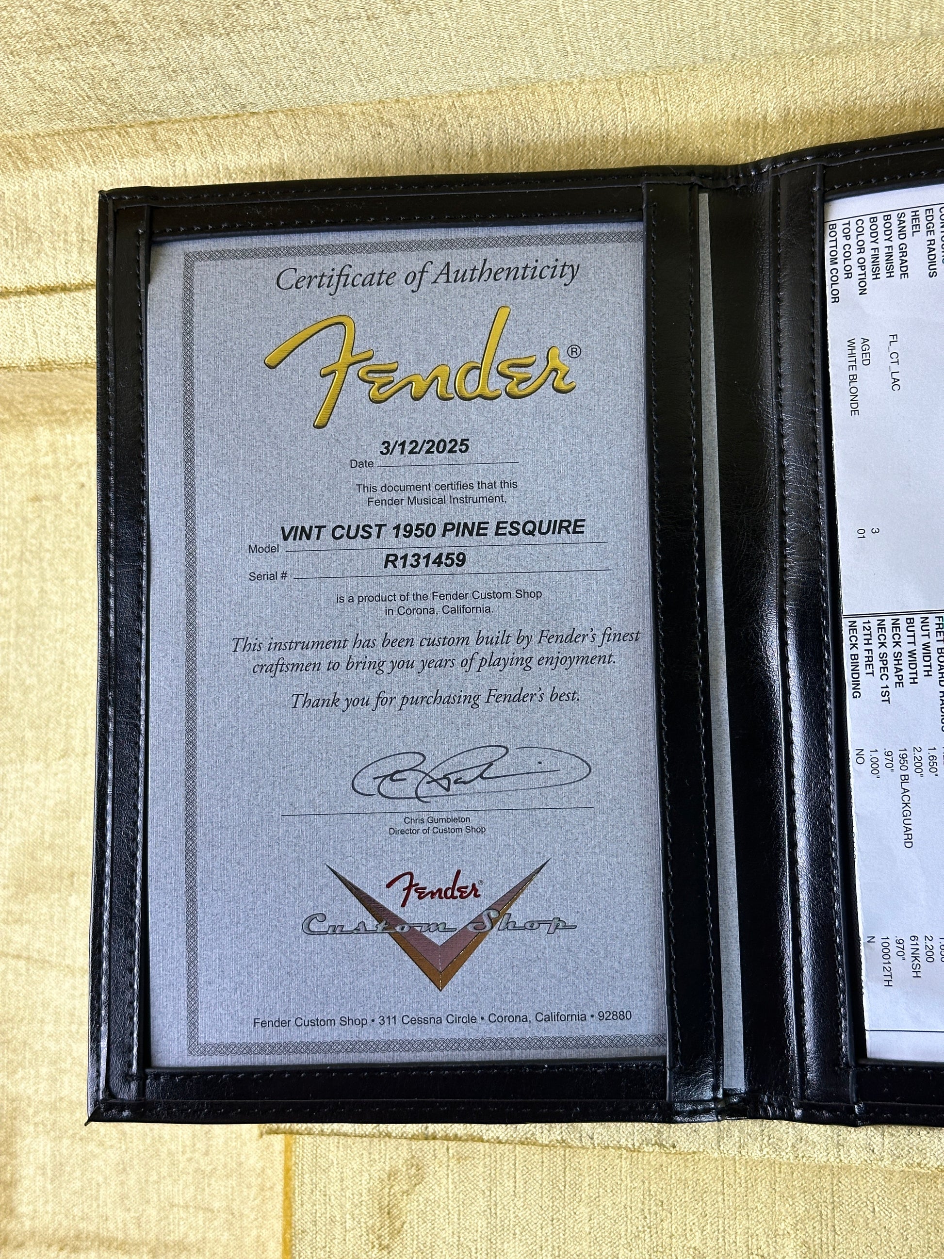 Fender Custom Shop Vintage Custom 1950 Pine Esquire Time Capsule Aged White Blonde w/case