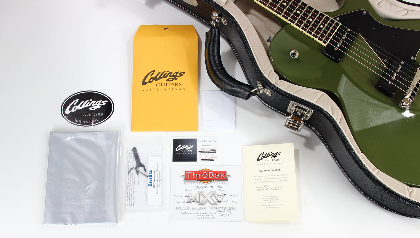 2022 Collings 290 Olive Drab Full Body -- Throbaks P90 52/54, Single Cut SC, Wraparound Bridge!