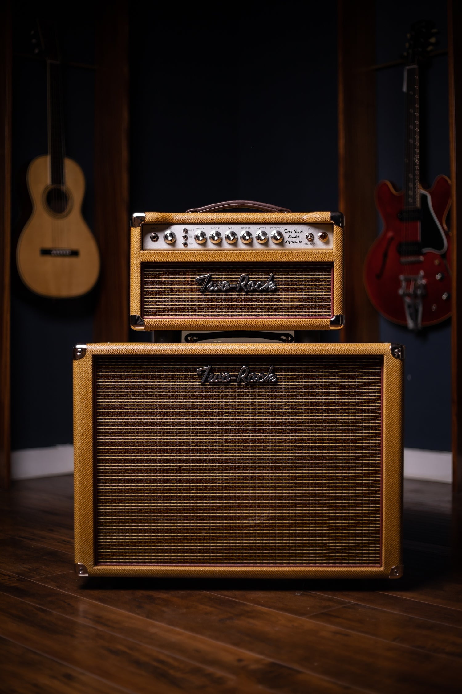 PRE-ORDER | Two-Rock Studio Signature 35 Watt Tube Head and 12-65B 1x12 Extension Cabinet - Lacquered Tweed, Silver Chassis, Fender Style Oxblood Gold Stripe Grill, Black Knobs, Burgandy Pipping