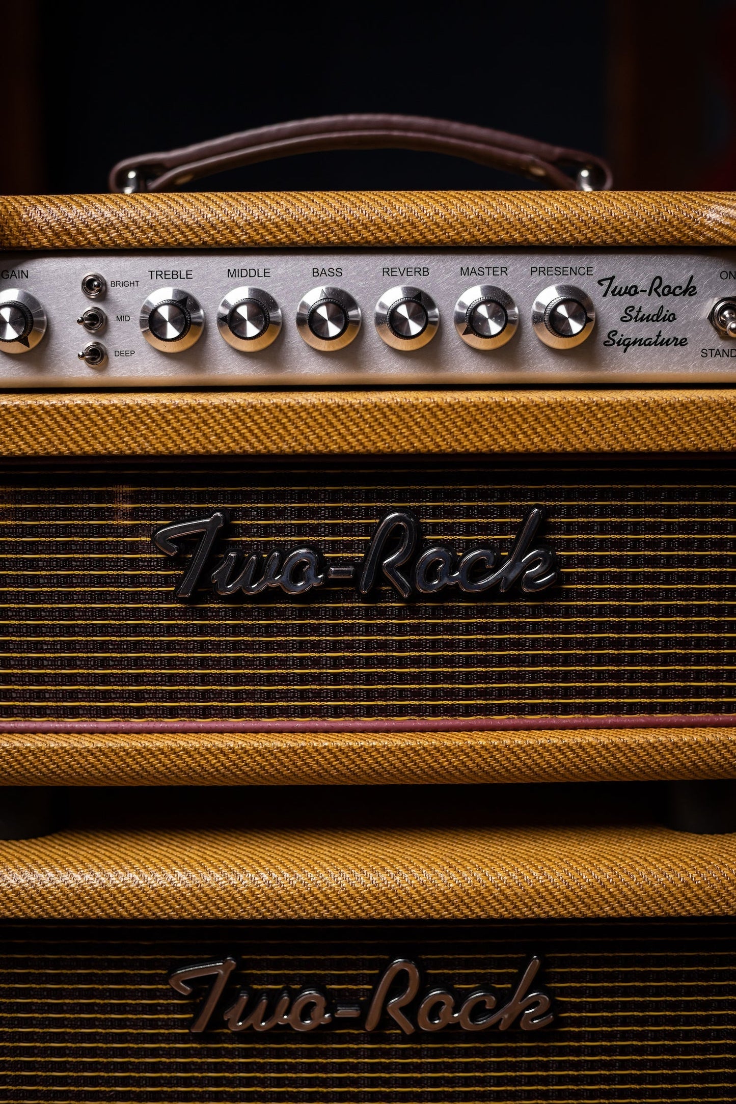 PRE-ORDER | Two-Rock Studio Signature 35 Watt Tube Head and 12-65B 1x12 Extension Cabinet - Lacquered Tweed, Silver Chassis, Fender Style Oxblood Gold Stripe Grill, Black Knobs, Burgandy Pipping