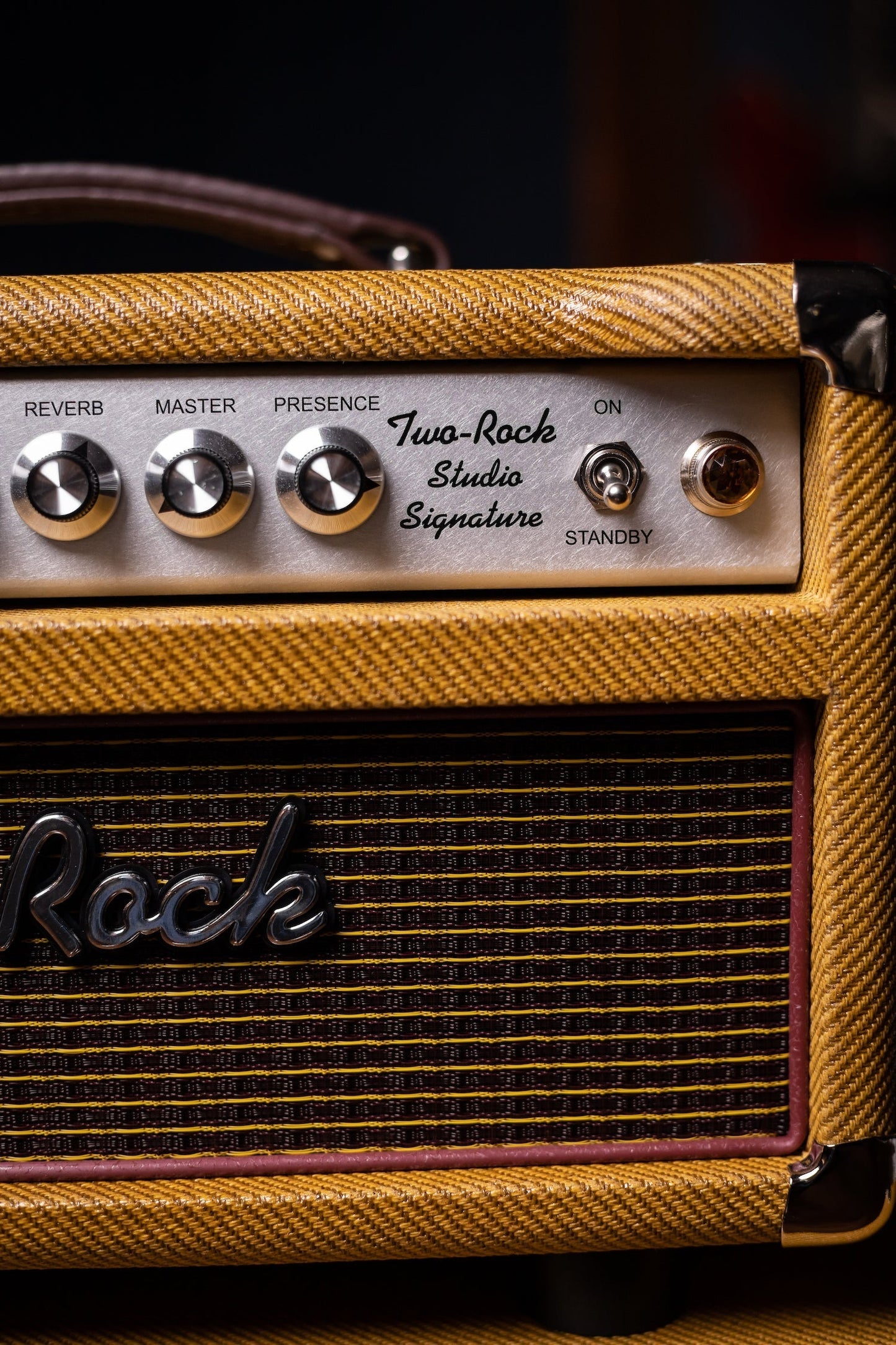 PRE-ORDER | Two-Rock Studio Signature 35 Watt Tube Head and 12-65B 1x12 Extension Cabinet - Lacquered Tweed, Silver Chassis, Fender Style Oxblood Gold Stripe Grill, Black Knobs, Burgandy Pipping