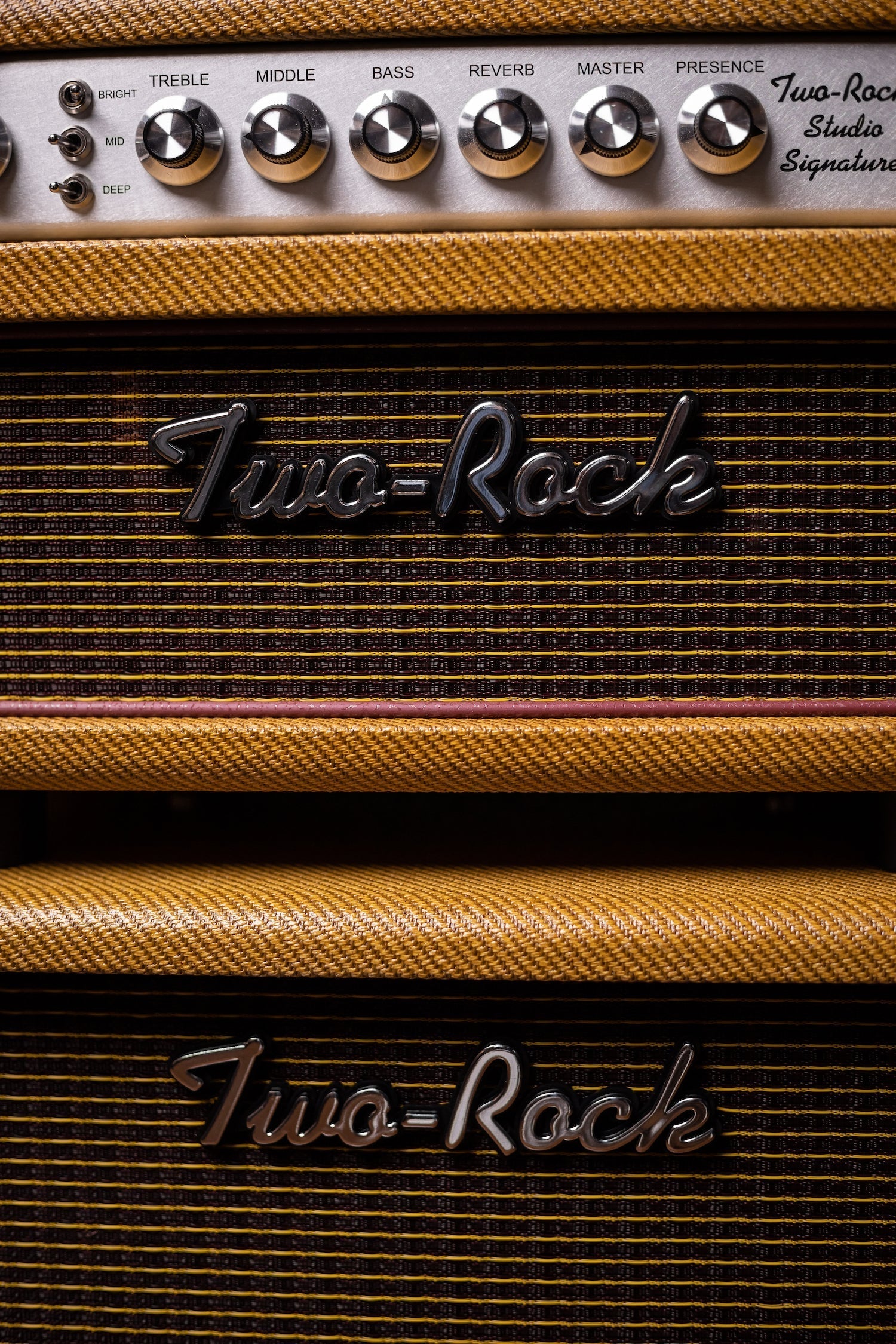 PRE-ORDER | Two-Rock Studio Signature 35 Watt Tube Head and 12-65B 1x12 Extension Cabinet - Lacquered Tweed, Silver Chassis, Fender Style Oxblood Gold Stripe Grill, Black Knobs, Burgandy Pipping